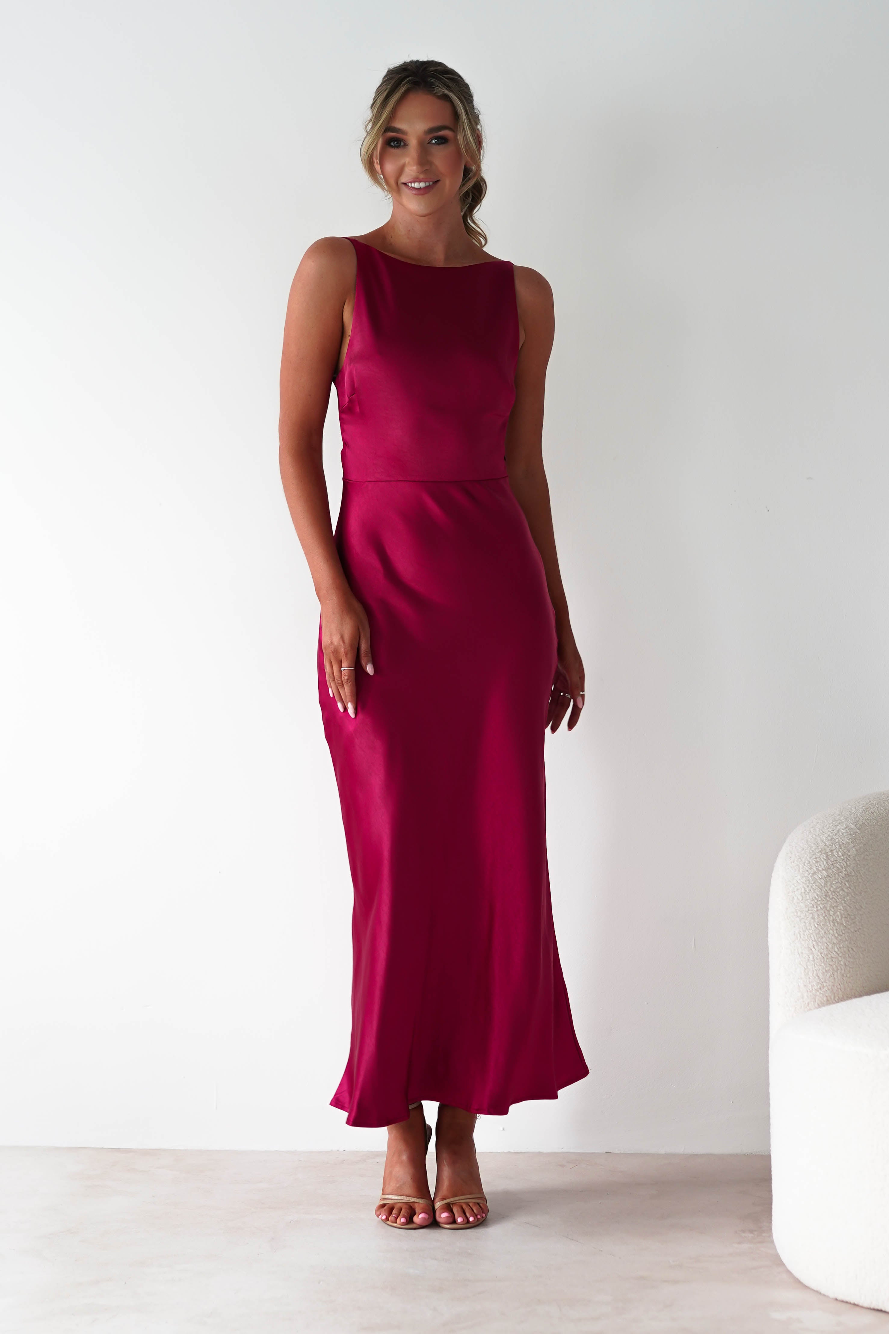 Bayleigh Soft Satin Maxi Dress | Berry Red | Oh Hello Clothing | XS (6)