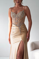 Oh Hello Clothing Dresses > Prom Dresses Becca Embellished Corset Evening Gown | Gold