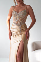 Oh Hello Clothing Dresses > Prom Dresses Becca Embellished Corset Evening Gown | Gold