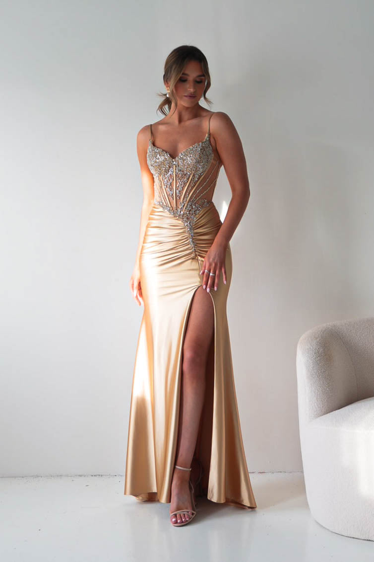 Oh Hello Clothing Dresses > Prom Dresses Becca Embellished Corset Evening Gown | Gold