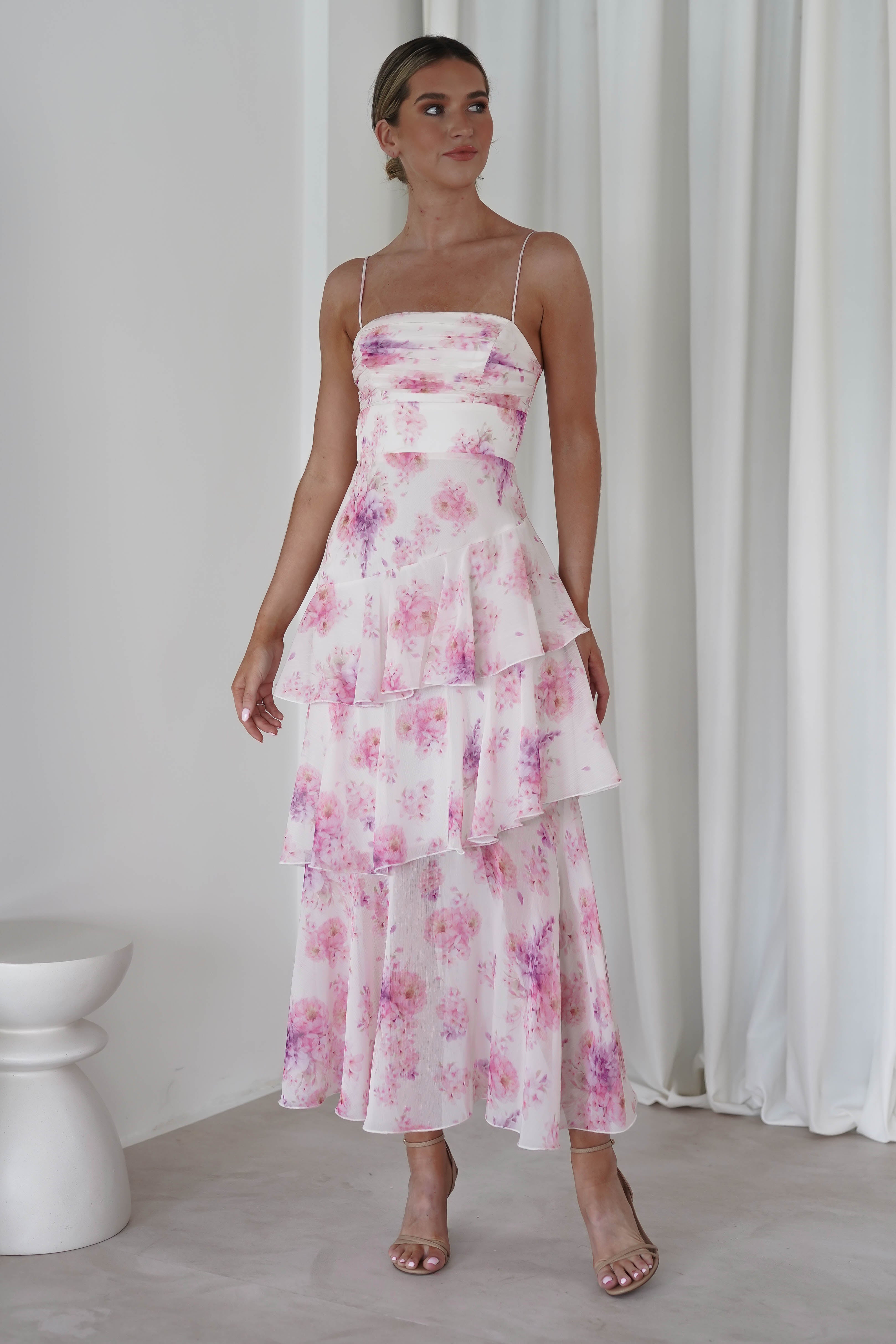 Becca Ruffle Floral Maxi Dress | White/Pink