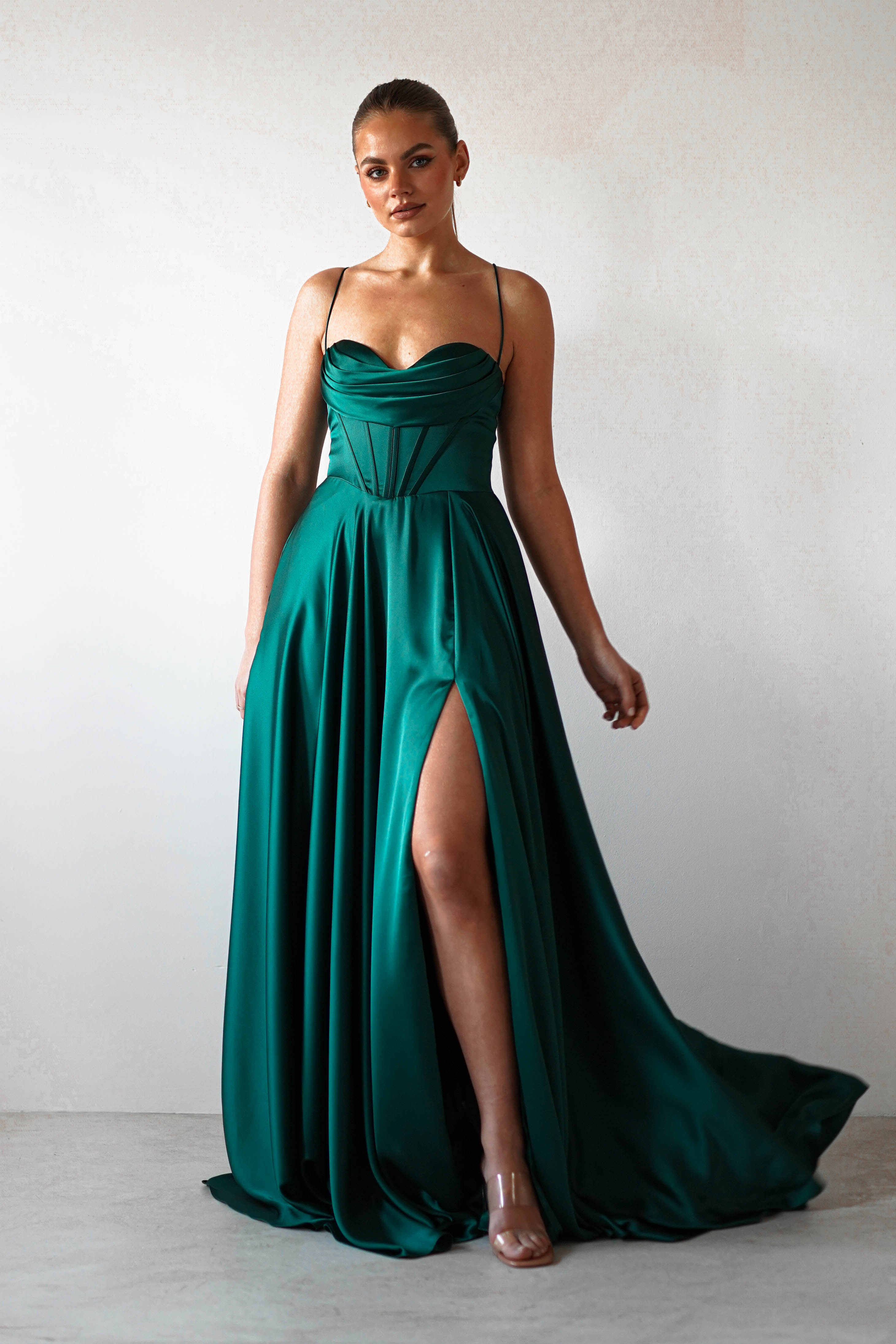 Bella Luxe Aline Satin Gown | Emerald