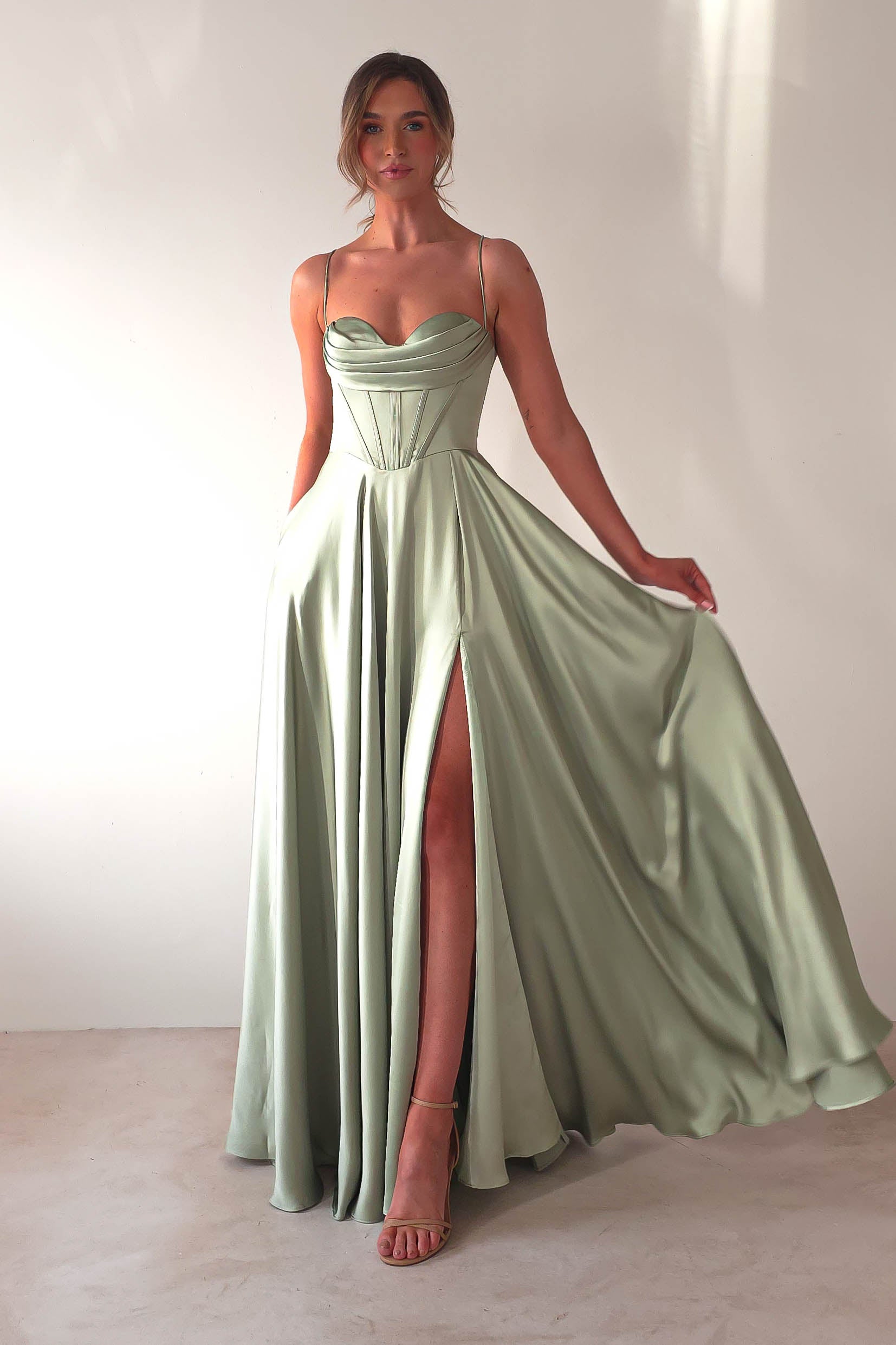 Bella Luxe Aline Satin Gown | Sage