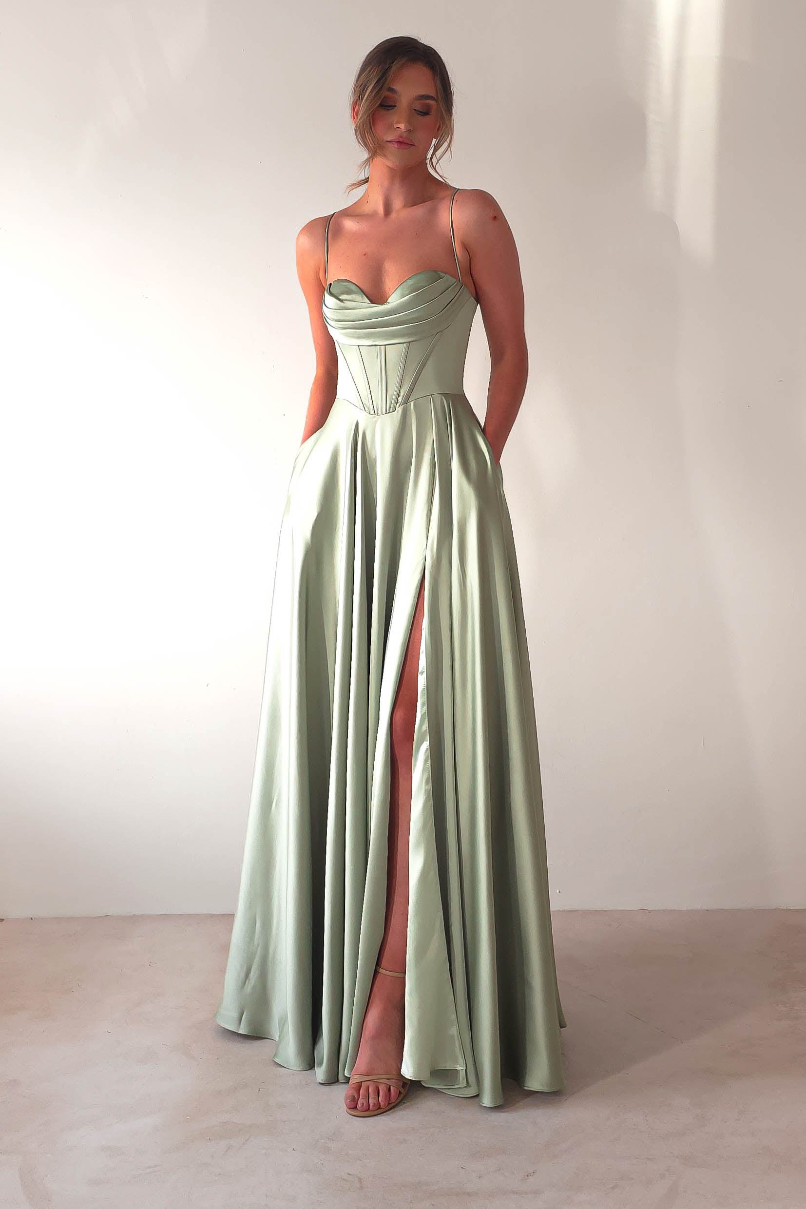 Bella Luxe Aline Satin Gown | Sage