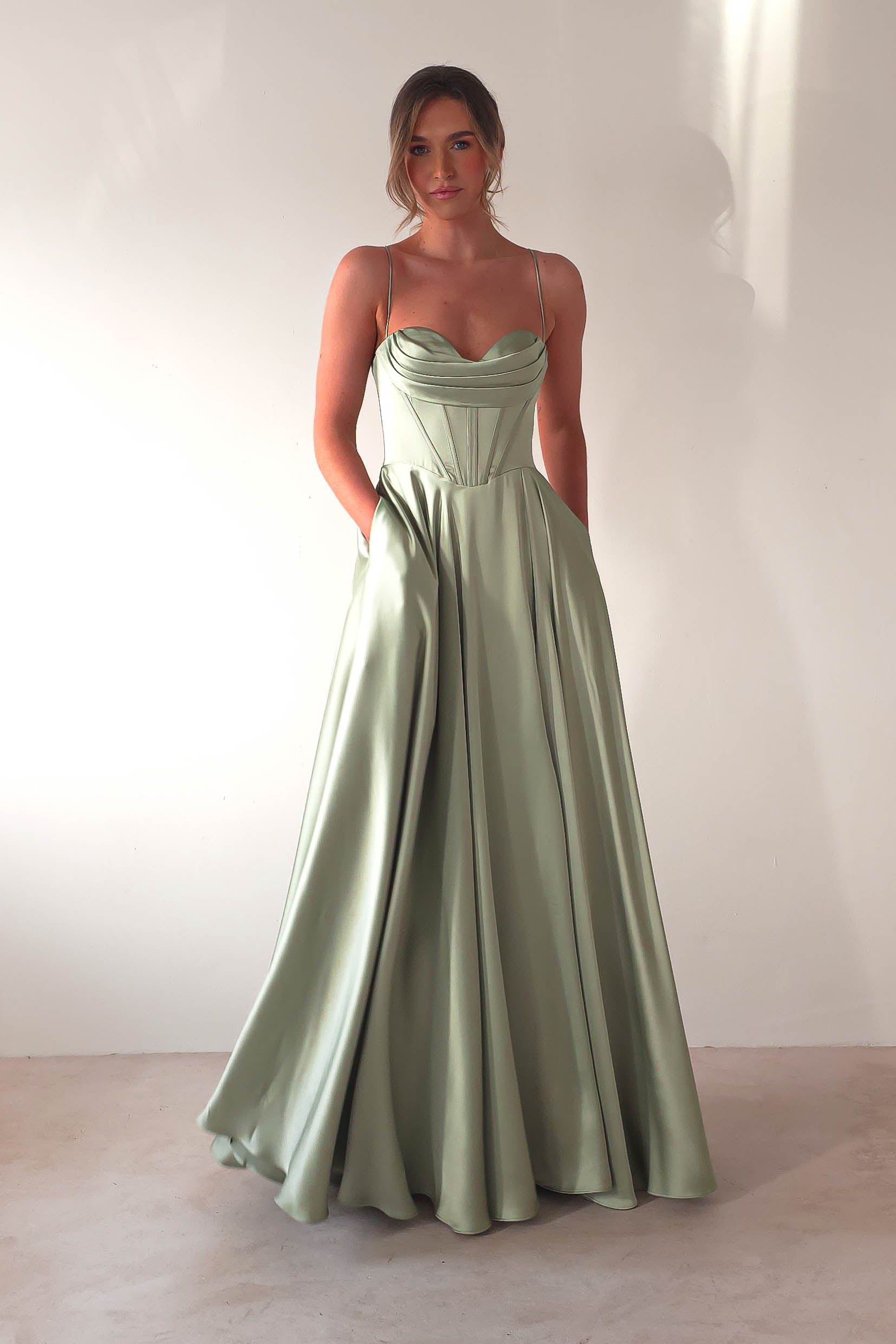 Bella Luxe Aline Satin Gown | Sage