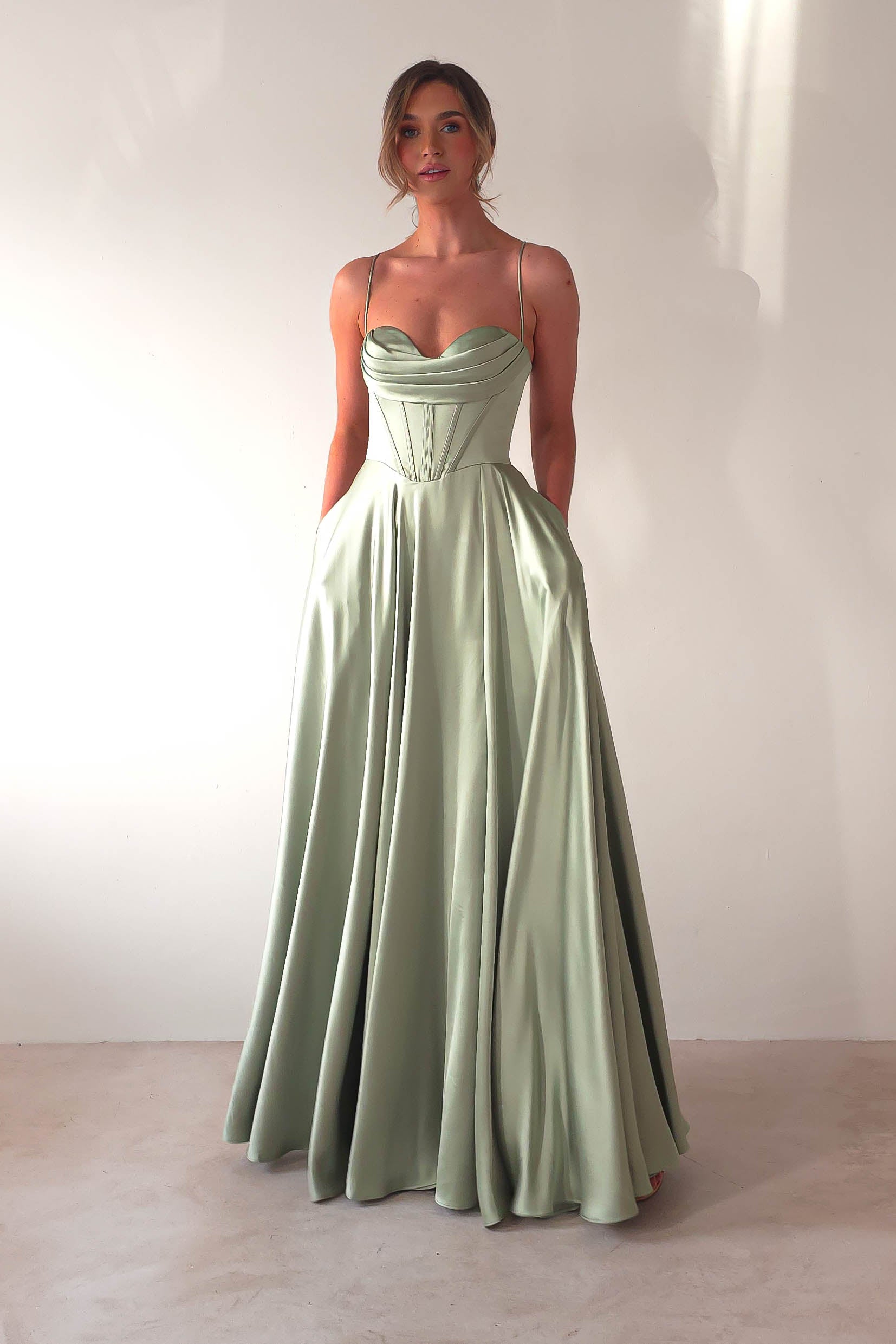 Bella Luxe Aline Satin Gown | Sage