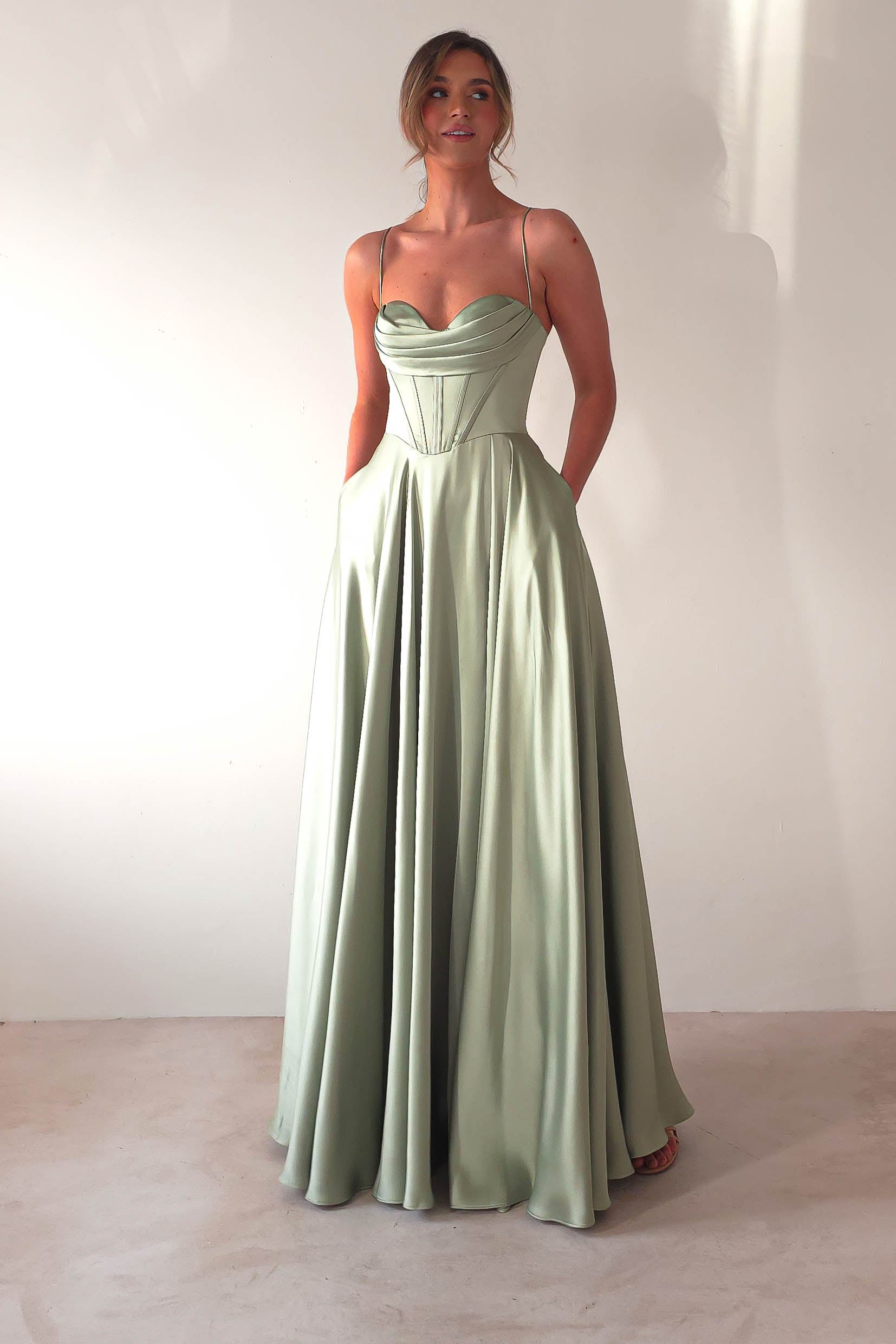 Bella Luxe Aline Satin Gown | Sage