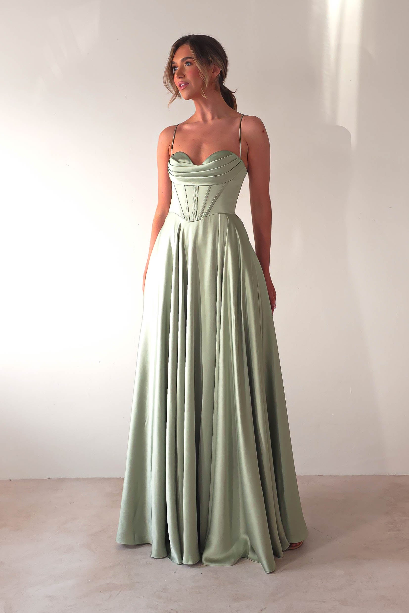 Bella Luxe Aline Satin Gown | Sage