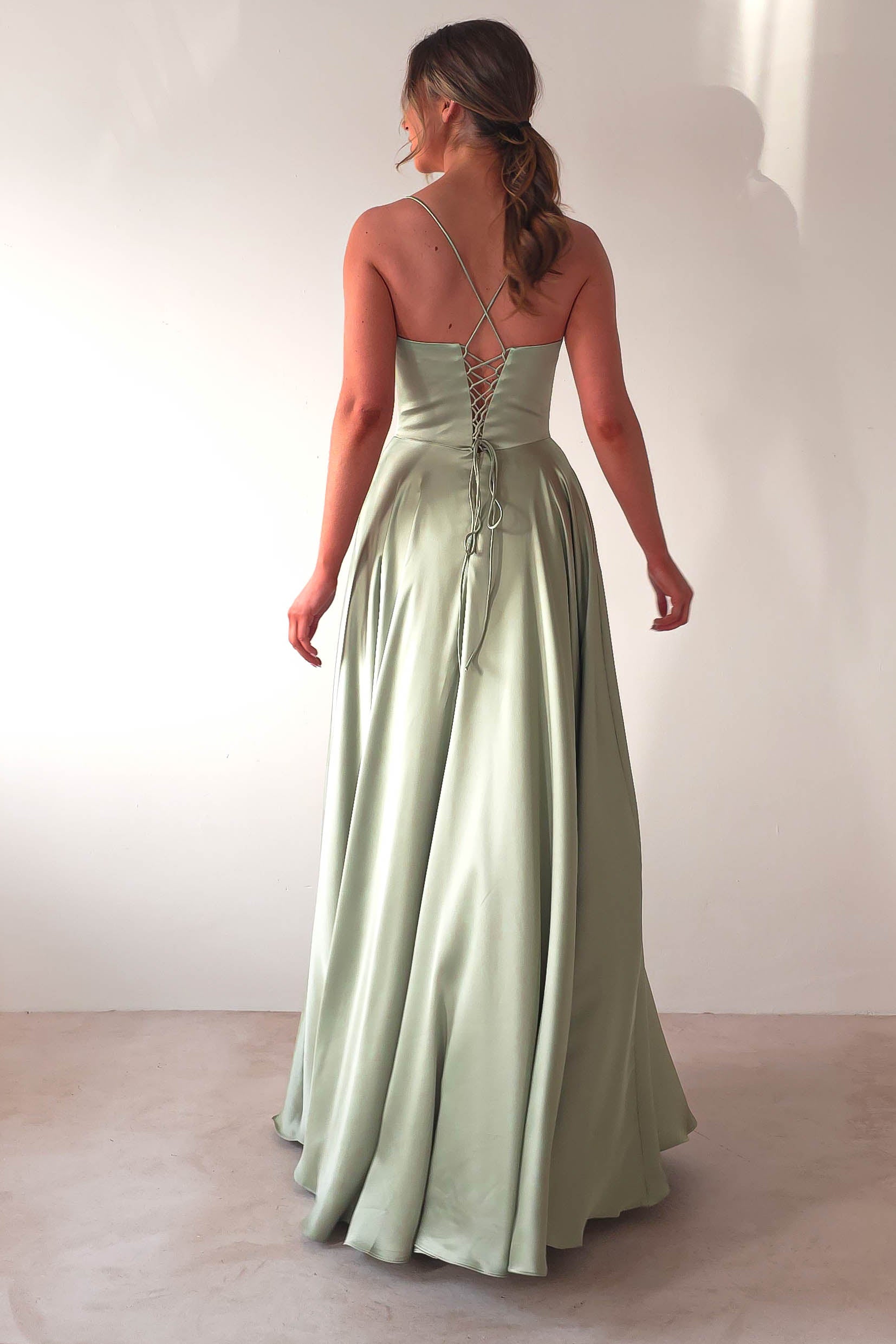 Bella Luxe Aline Satin Gown | Sage