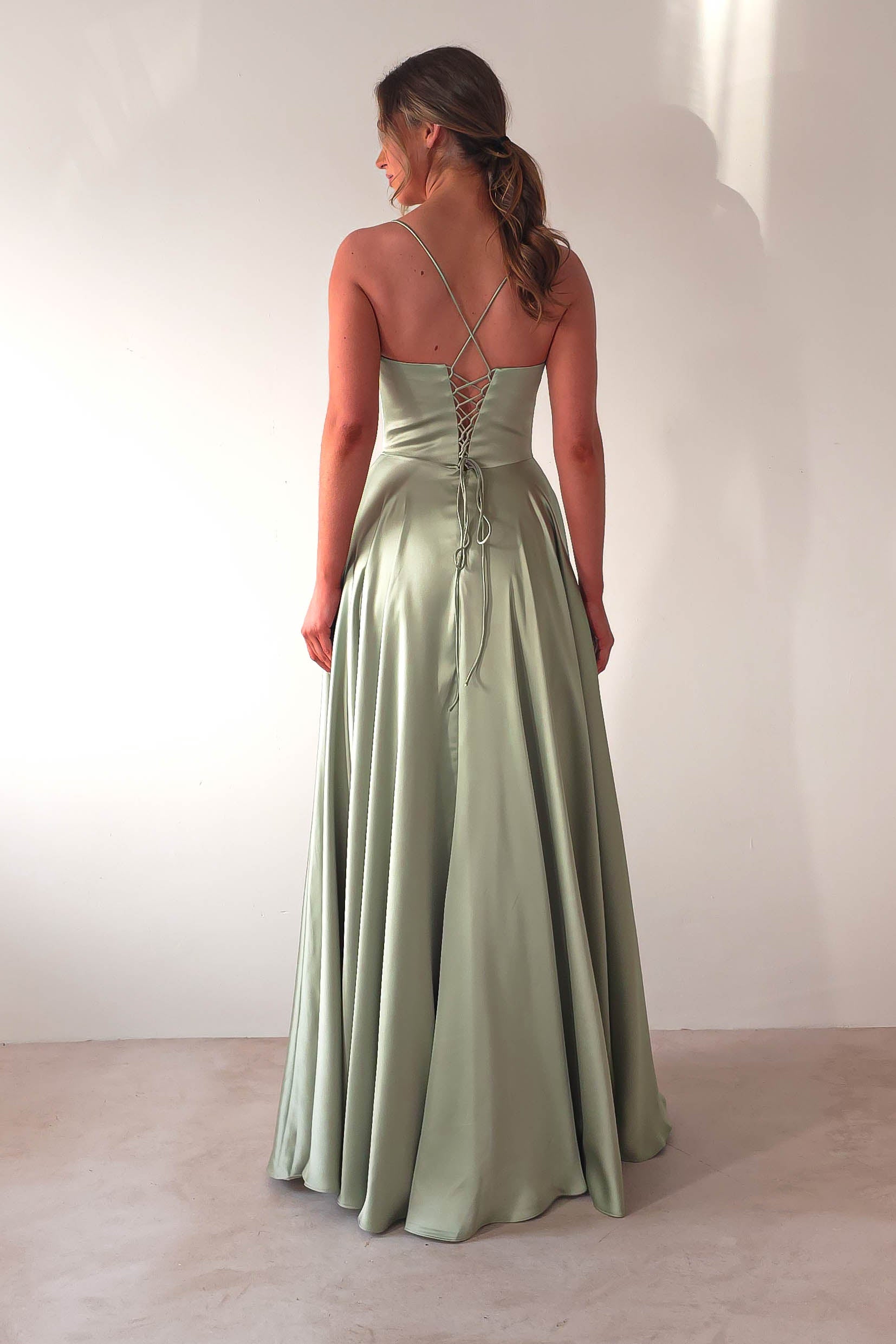 Bella Luxe Aline Satin Gown | Sage