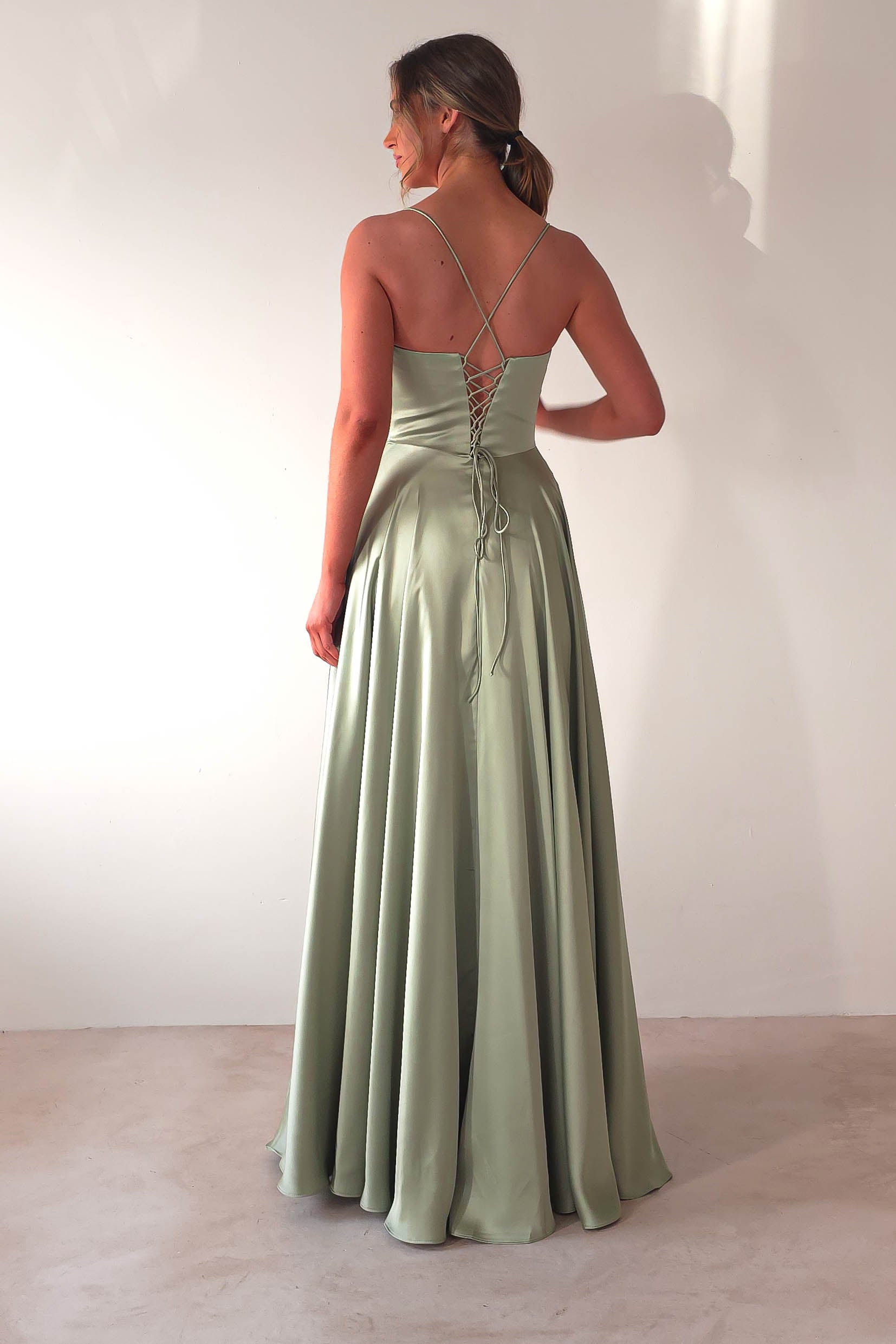 Bella Luxe Aline Satin Gown | Sage