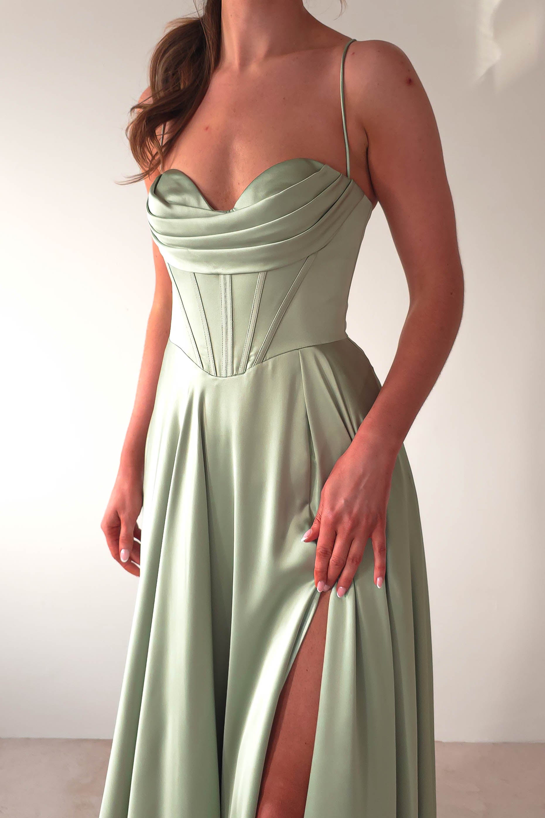 Bella Luxe Aline Satin Gown | Sage