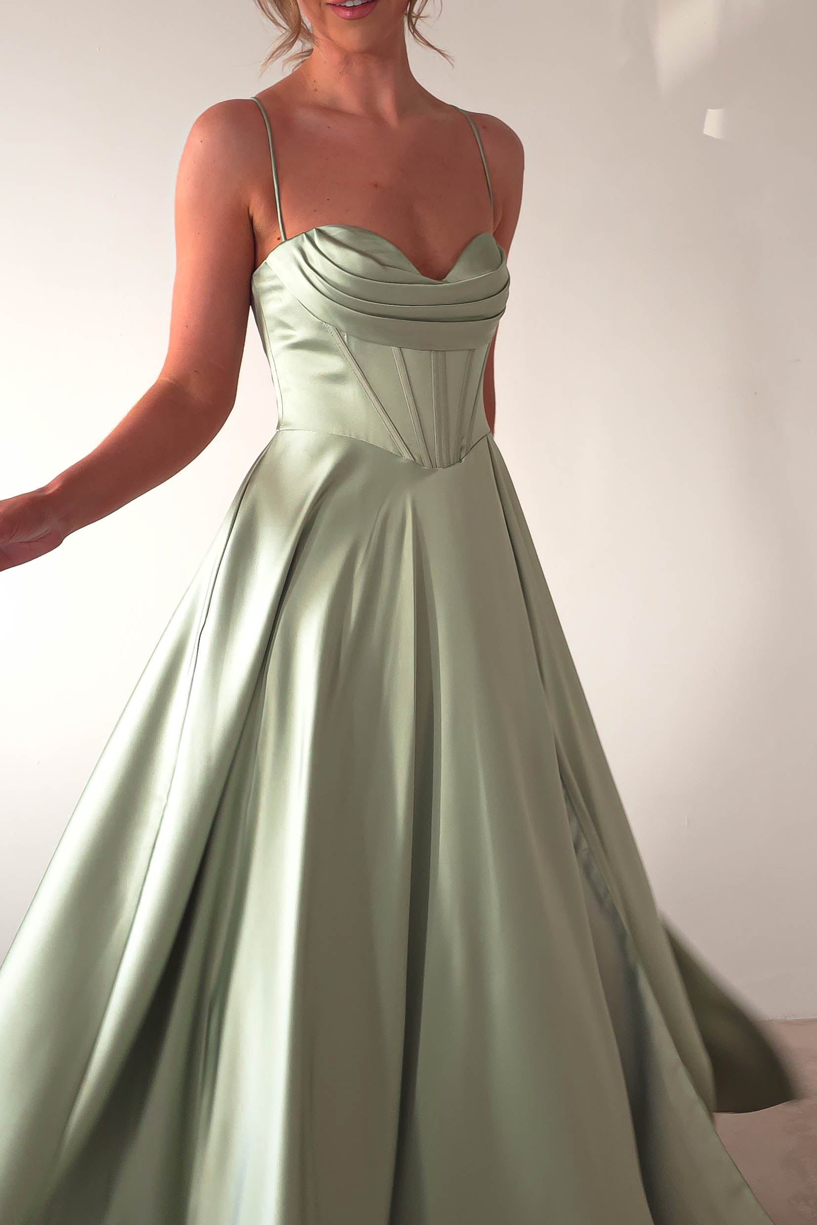 Bella Luxe Aline Satin Gown | Sage