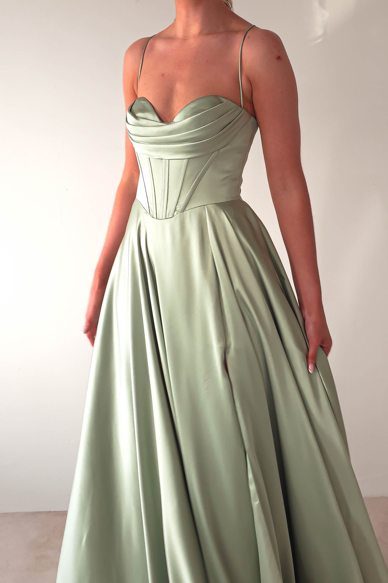 Bella Luxe Aline Satin Gown | Sage