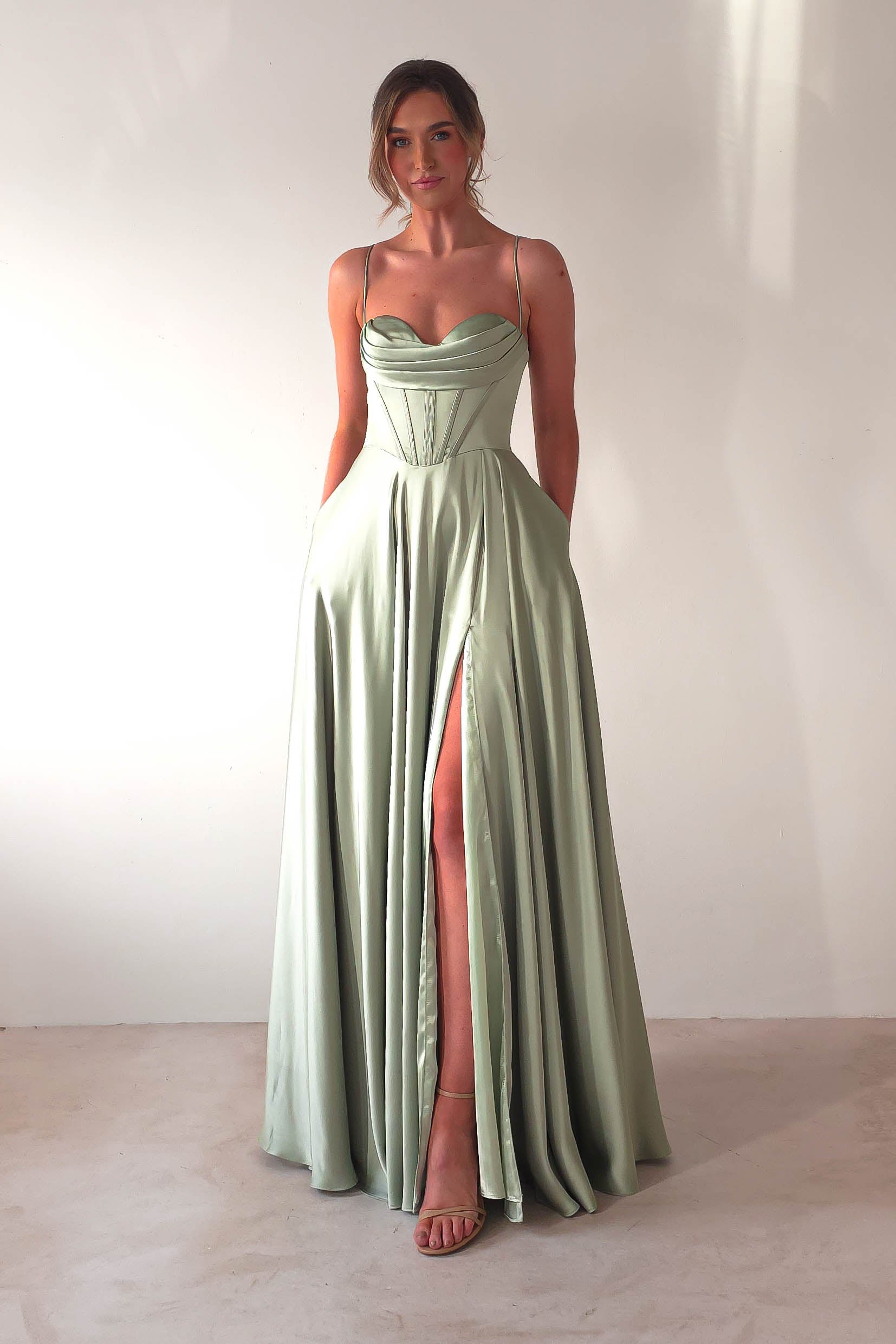 Bella Luxe Aline Satin Gown | Sage