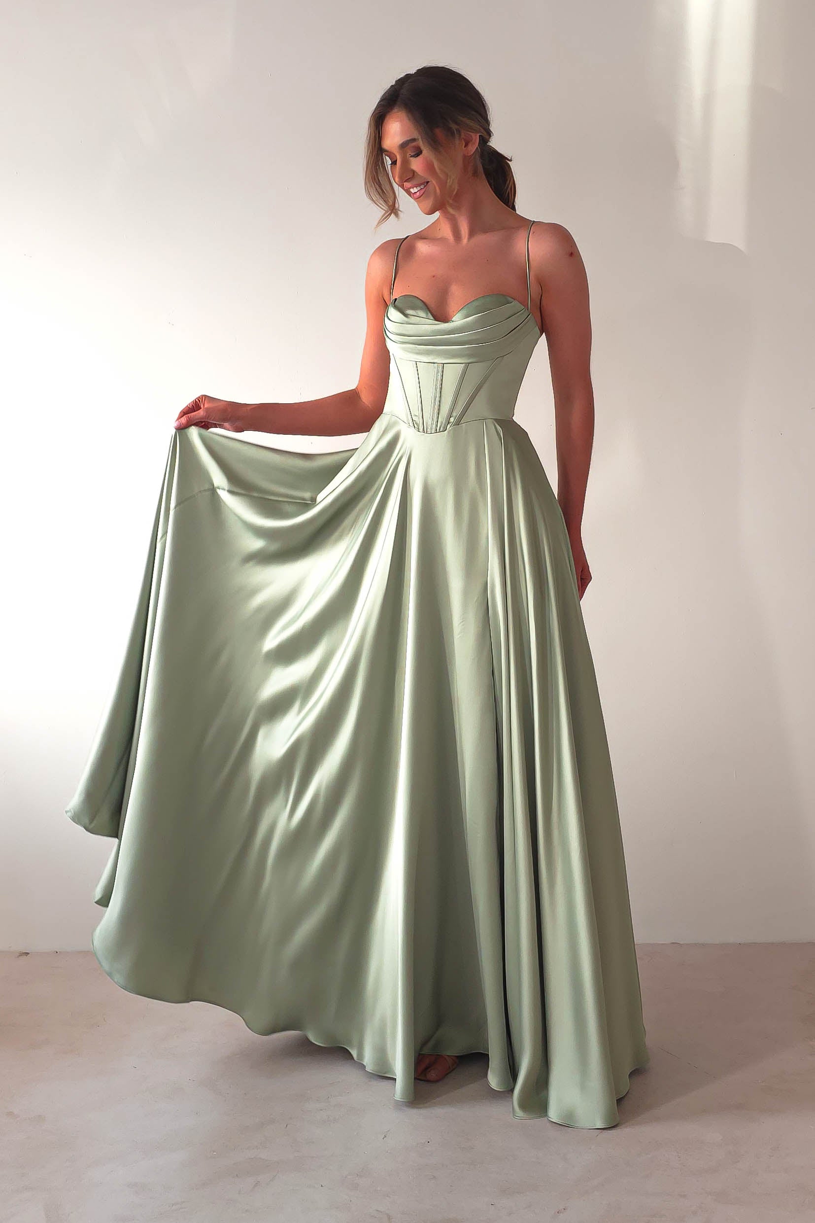 Bella Luxe Aline Satin Gown | Sage