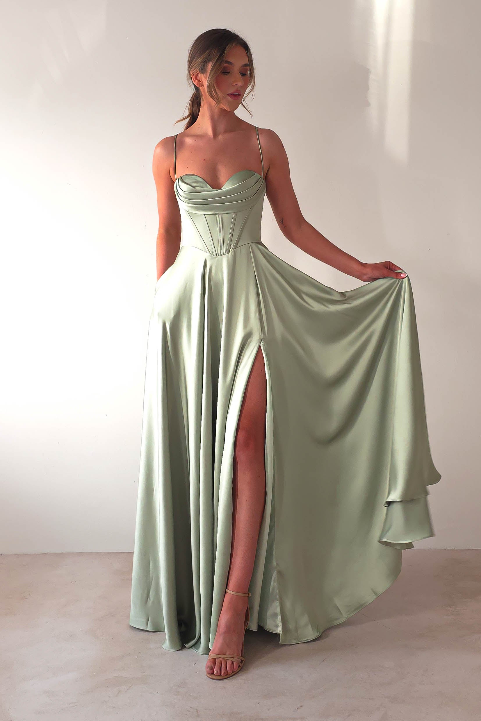 Bella Luxe Aline Satin Gown | Sage