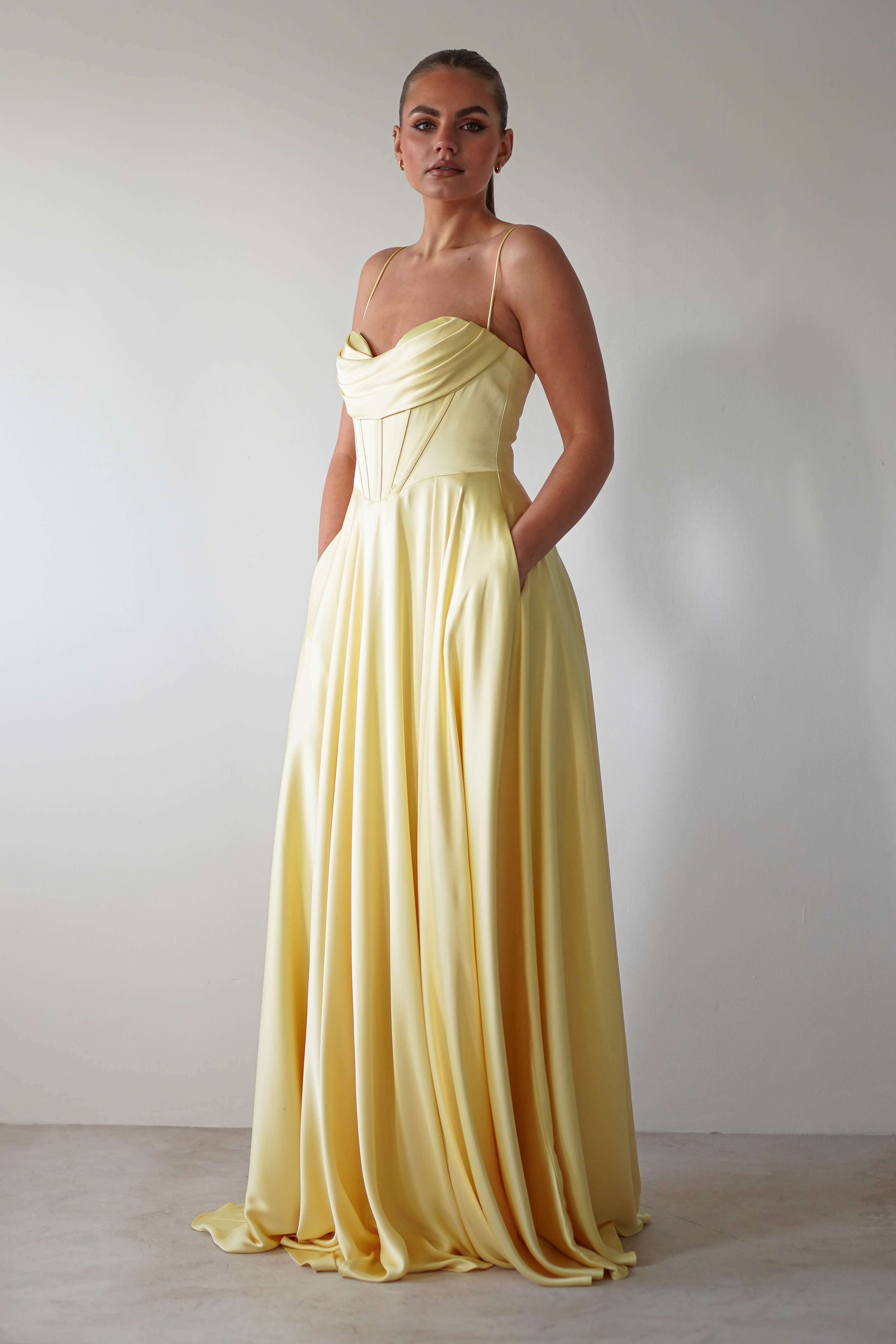 Bella Luxe Aline Satin Gown | Yellow