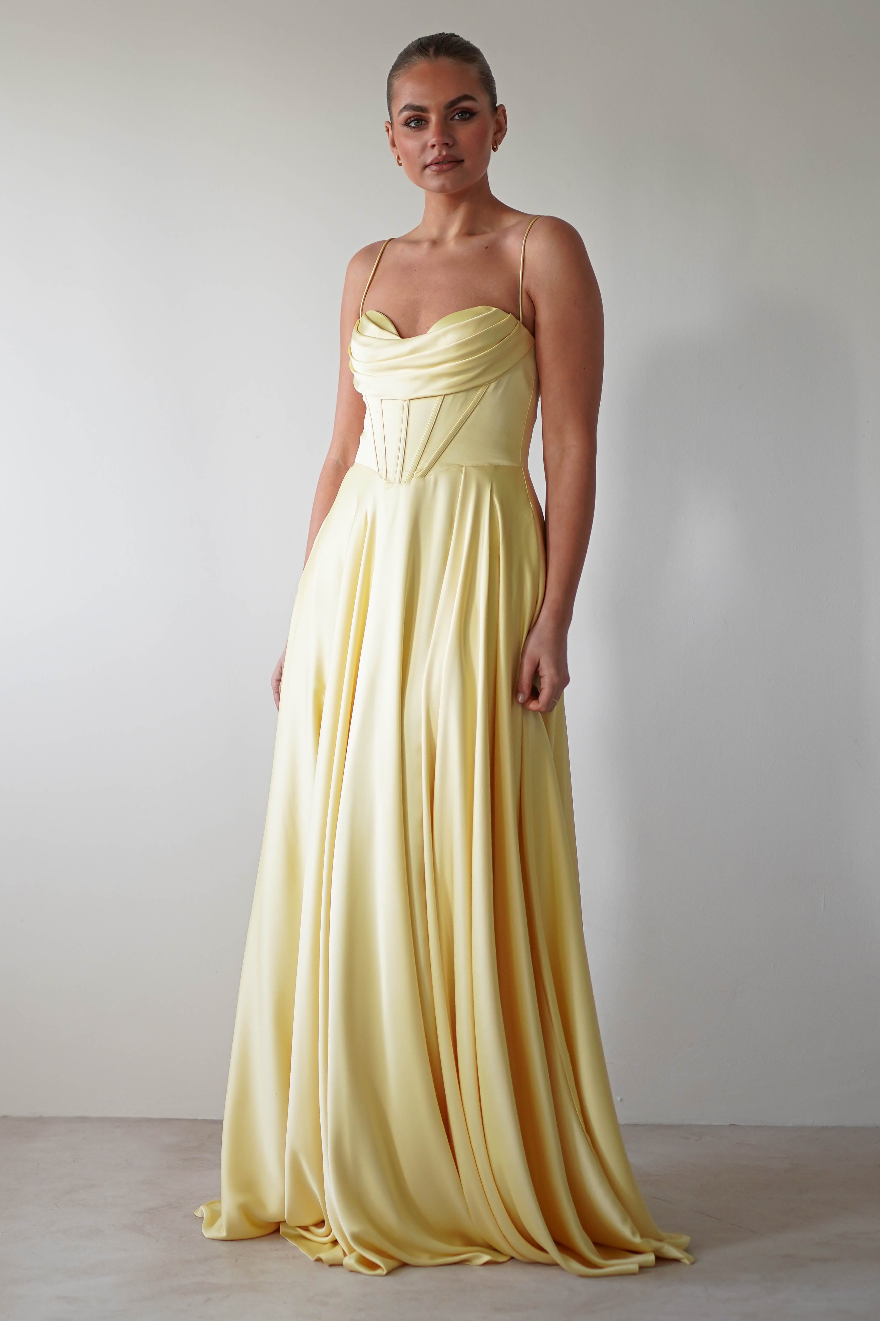 Bella Luxe Aline Satin Gown | Yellow