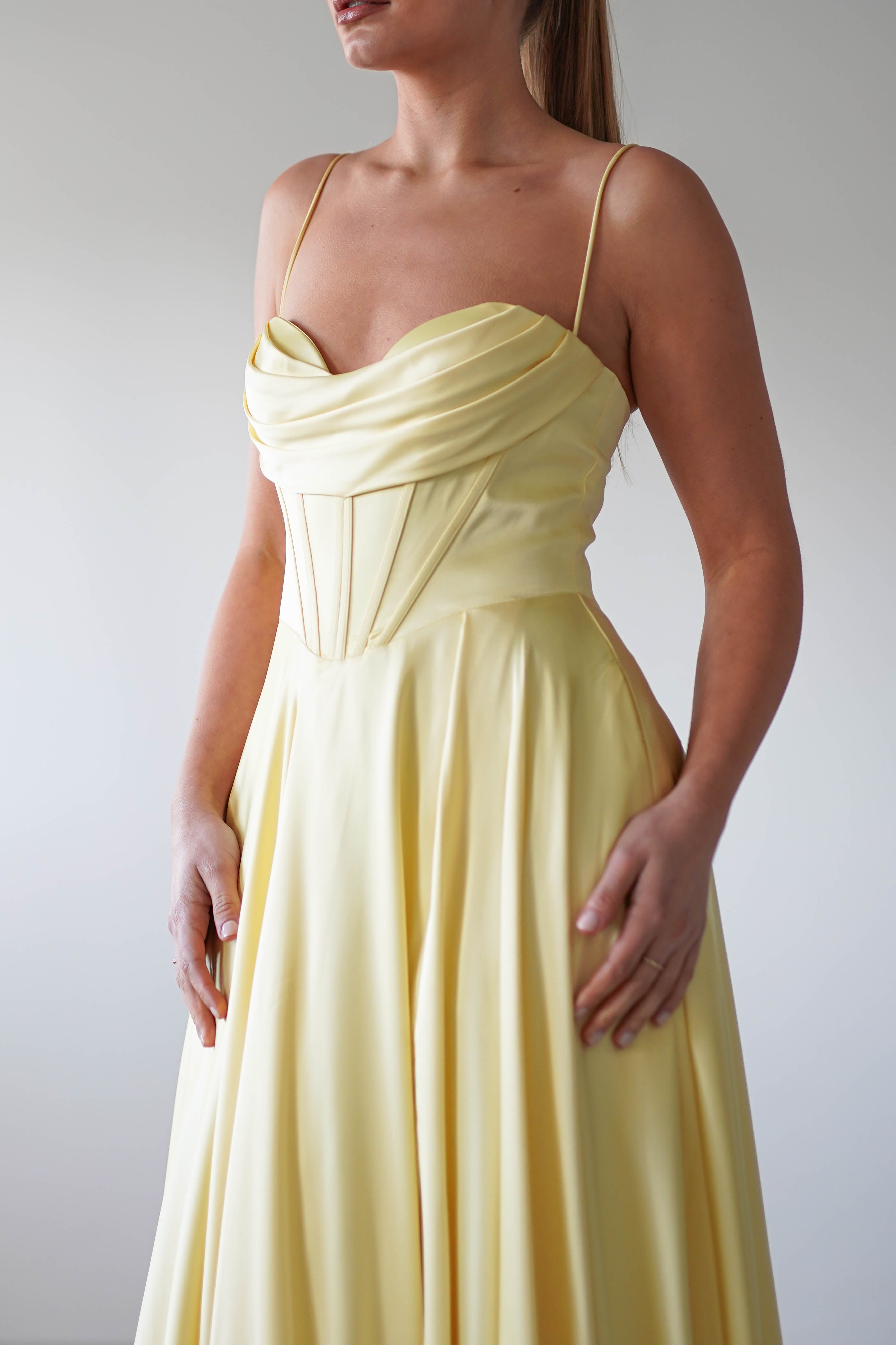 Bella Luxe Aline Satin Gown | Yellow