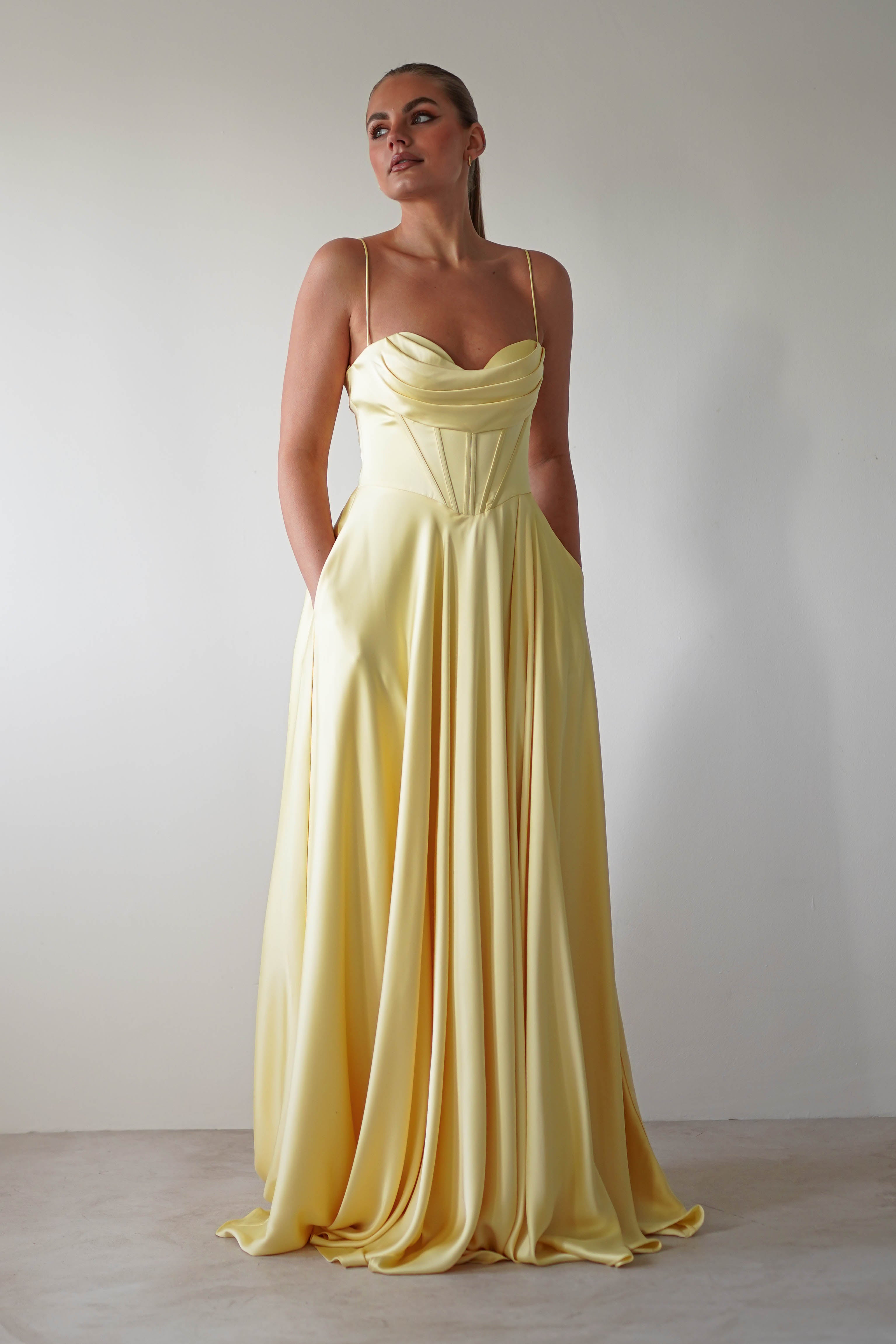 Bella Luxe Aline Satin Gown | Yellow