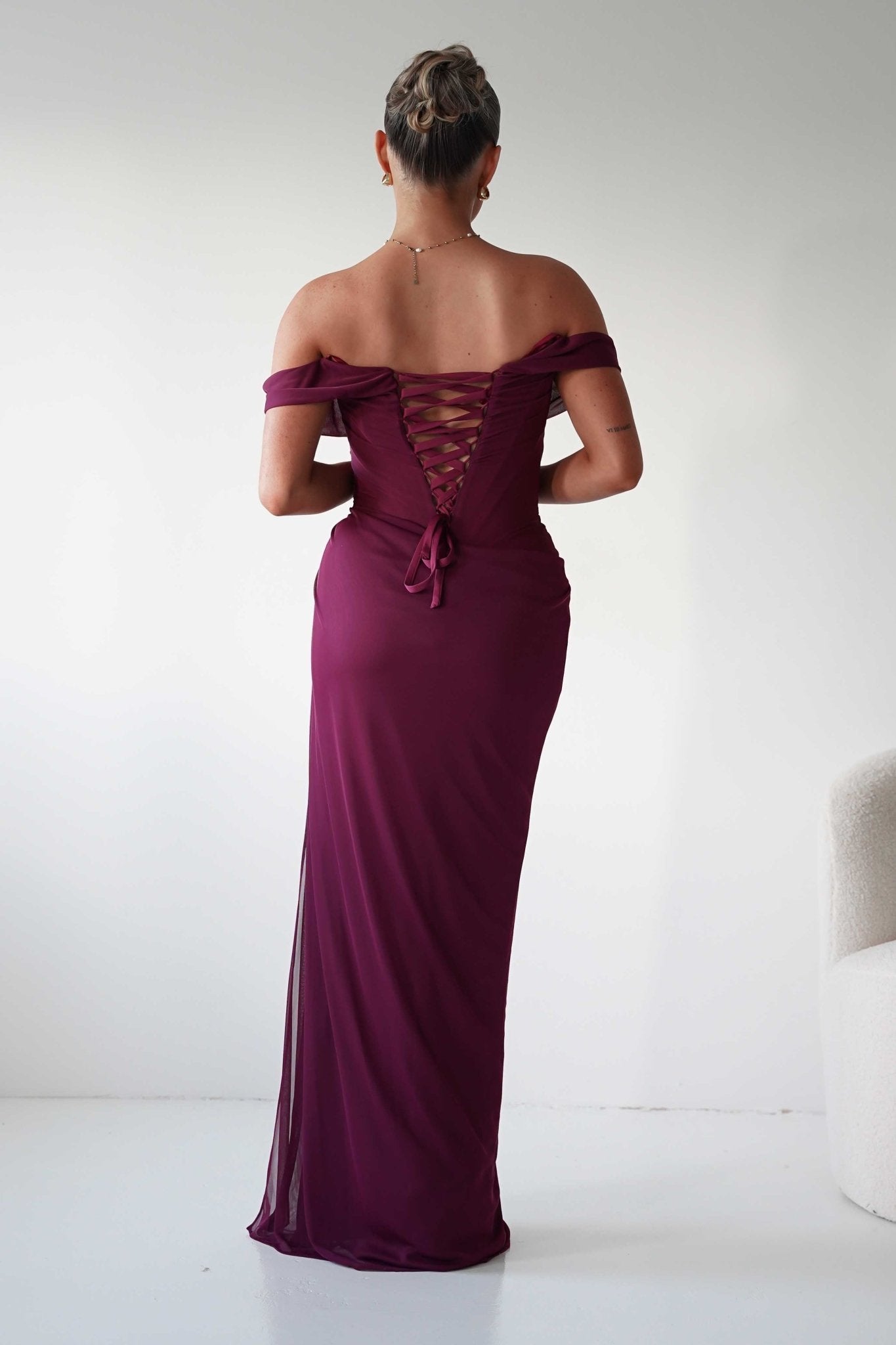 Oh Hello Clothing Dresses 1*DONE -CINDERALLA-MULBERRY Draped Mesh Off-Shoulder dress