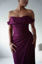 Oh Hello Clothing Dresses 1*DONE -CINDERALLA-MULBERRY Draped Mesh Off-Shoulder dress