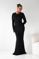 Oh Hello Clothing Dresses Bertina Long Sleeve Sequin Maxi Gown | Black