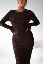 Oh Hello Clothing Dresses Bertina Long Sleeve Sequin Maxi Gown | Brown
