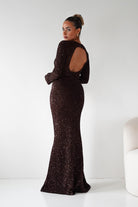 Oh Hello Clothing Dresses Bertina Long Sleeve Sequin Maxi Gown | Brown