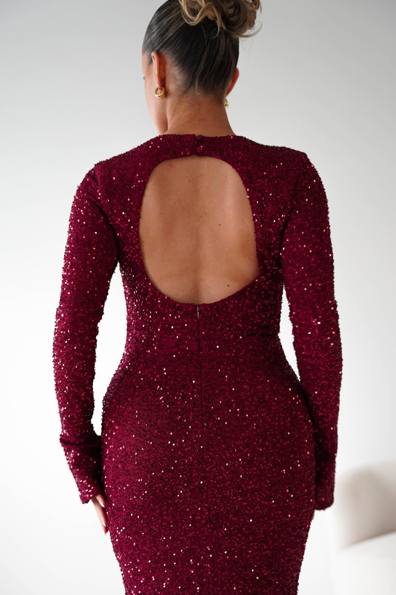 burgundy sequin dresses Bertina Long Sleeve Sequin Maxi Gown