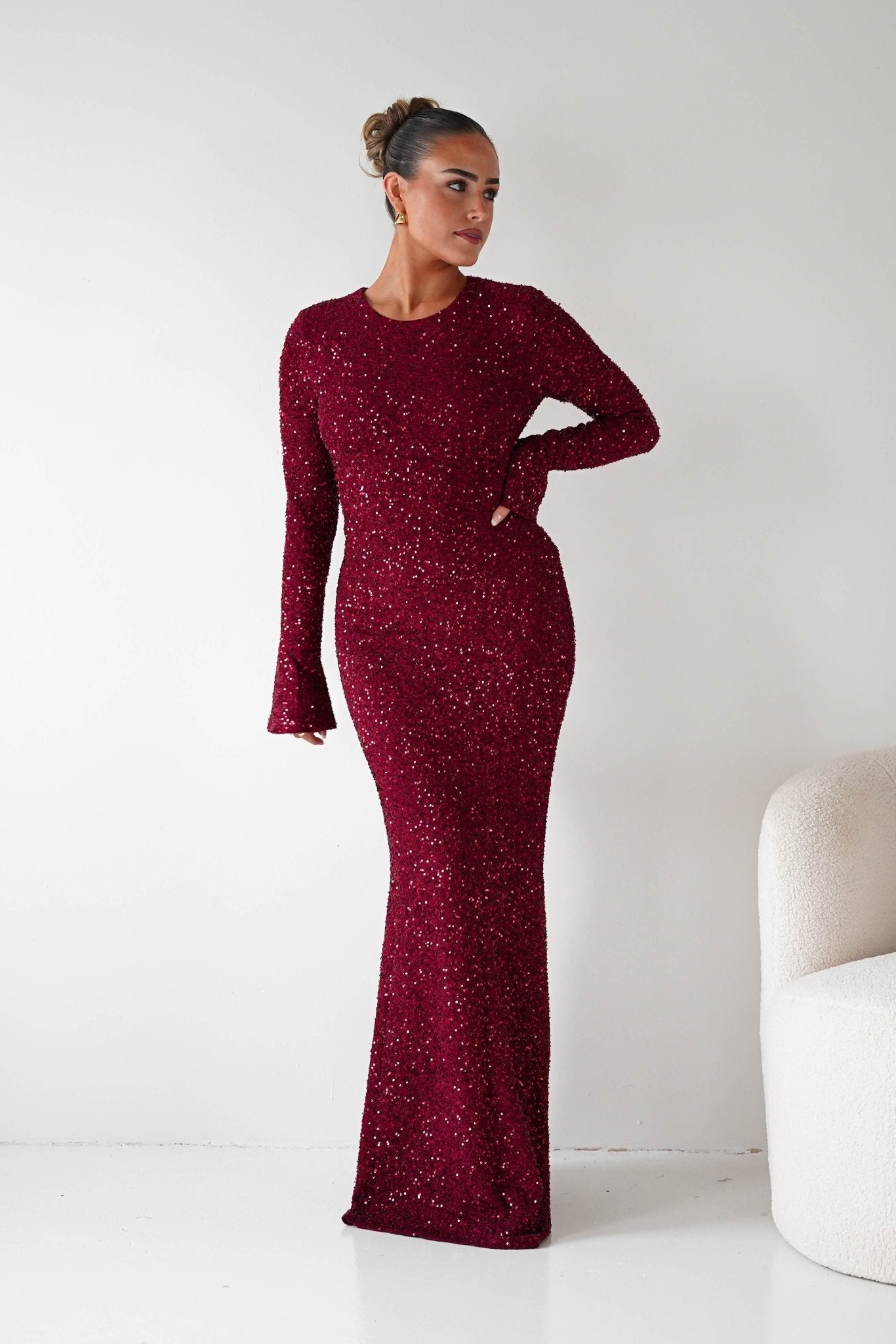Oh Hello Clothing Dresses Bertina Long Sleeve Sequin Maxi Gown | Burgundy