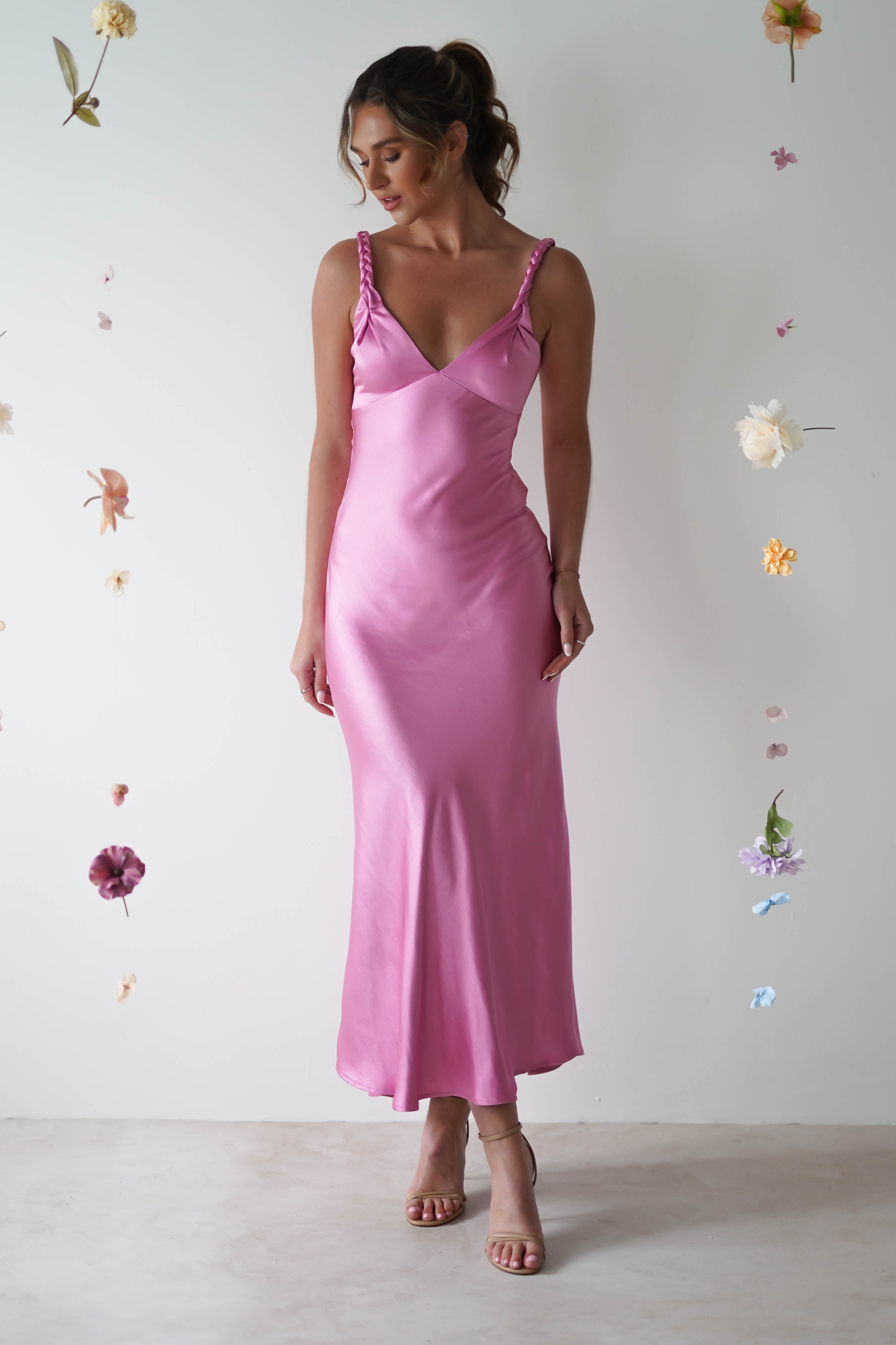 bethanie soft satin maxi dress bright pink dresses 53053794484565