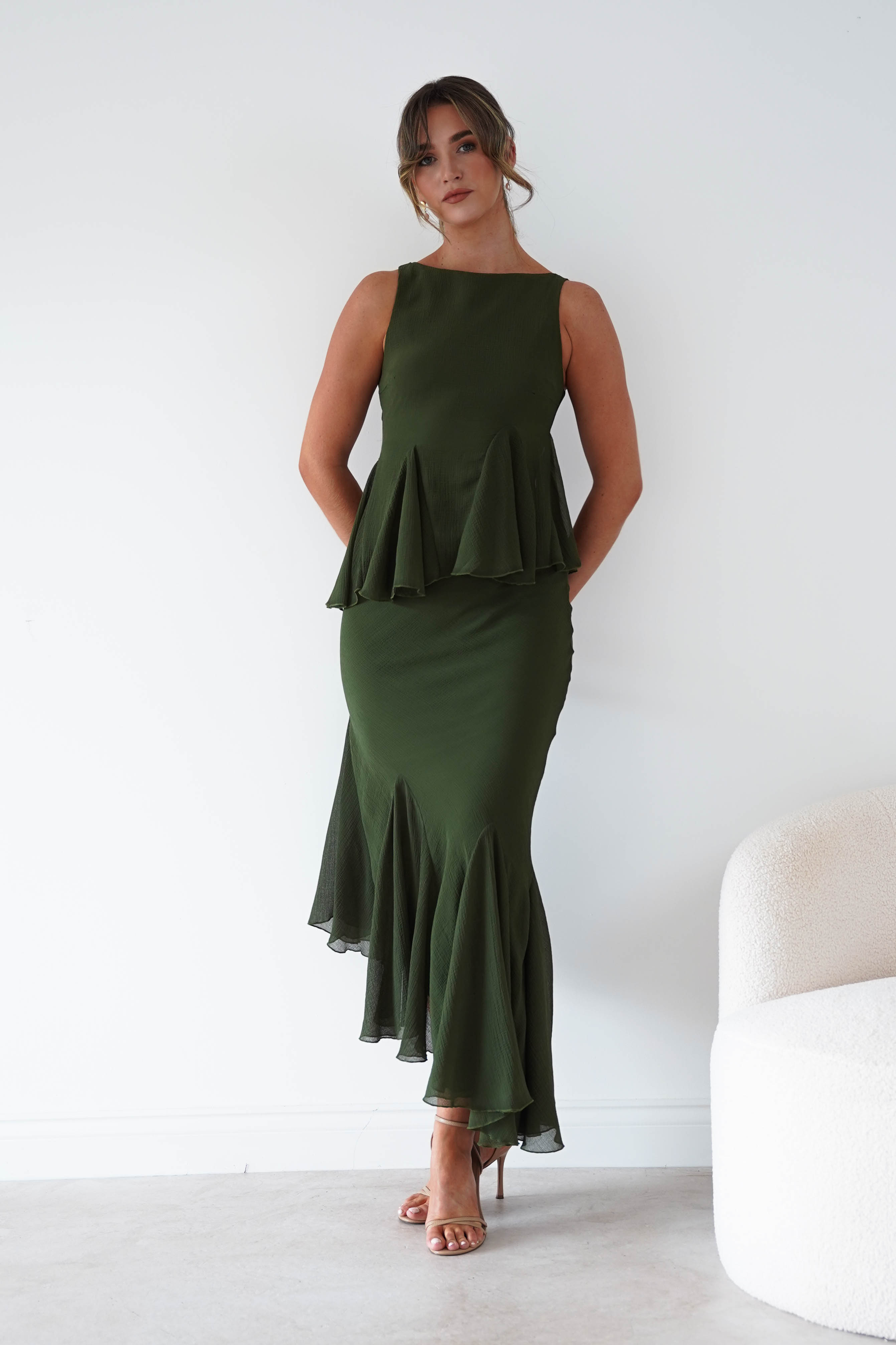 Oh Hello Clothing Women > Clothing > Dresses Bianca Peplum Ruffle Midi Dress | Dark Olive