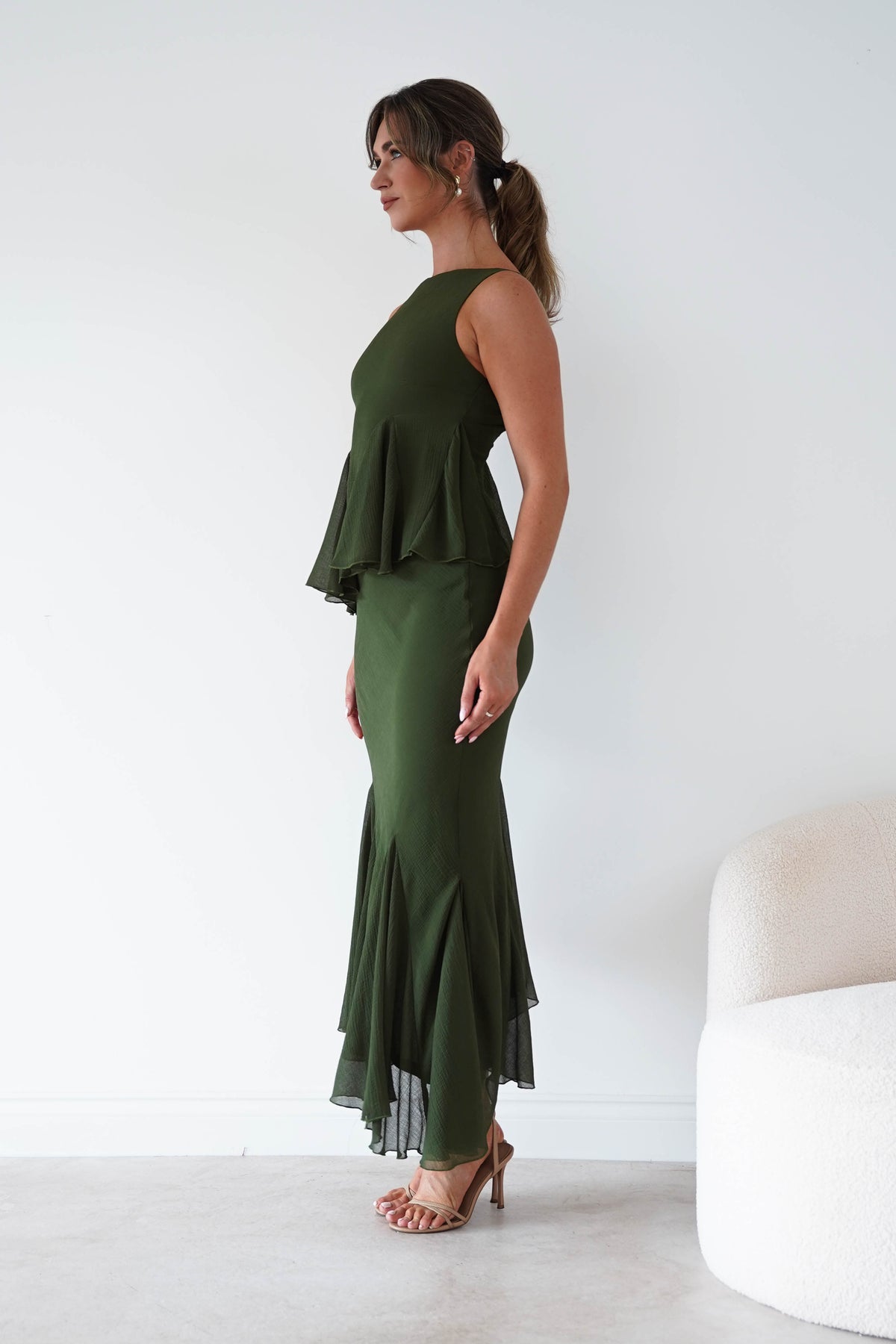 Oh Hello Clothing Women > Clothing > Dresses Bianca Peplum Ruffle Midi Dress | Dark Olive
