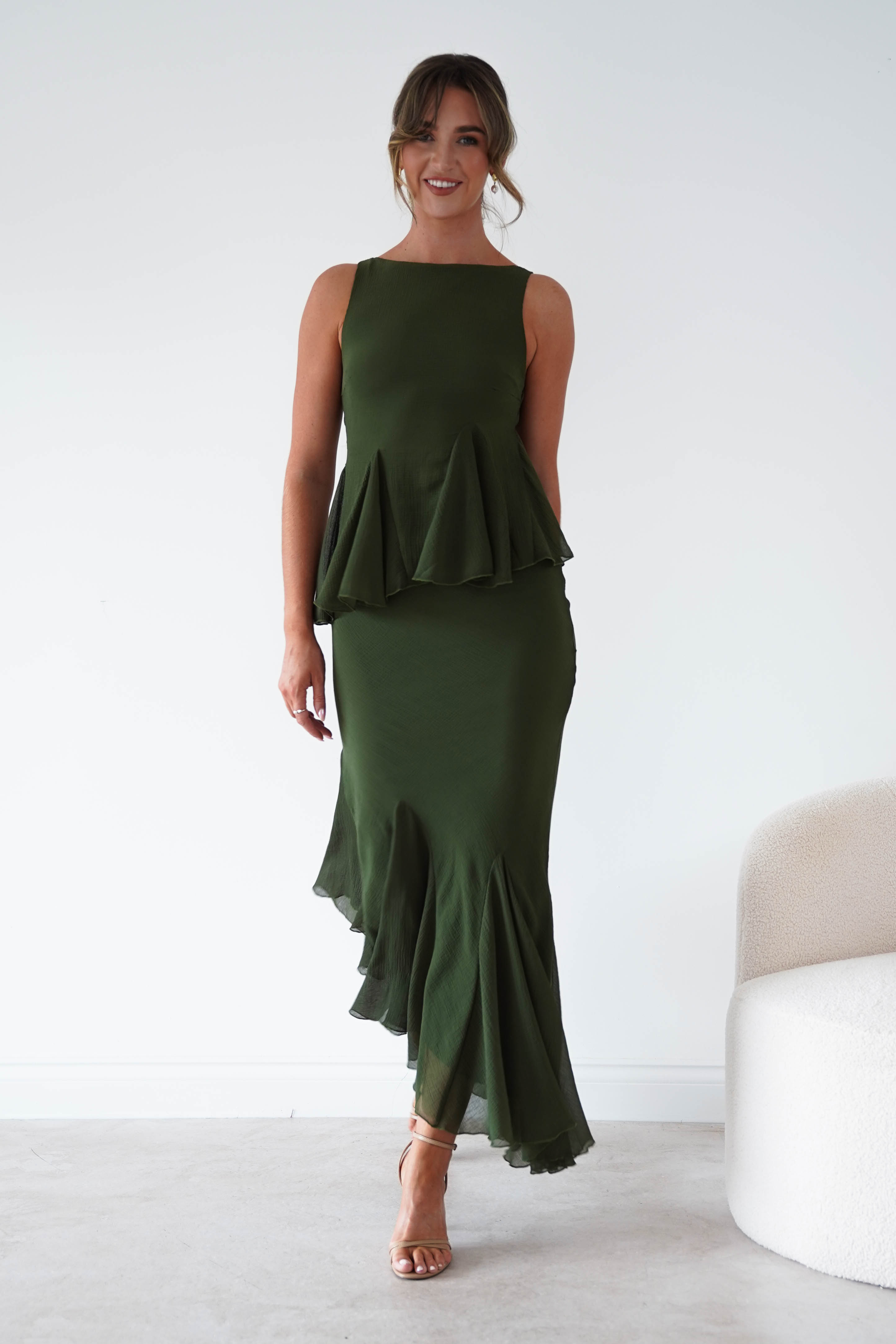 Oh Hello Clothing Women > Clothing > Dresses Bianca Peplum Ruffle Midi Dress | Dark Olive