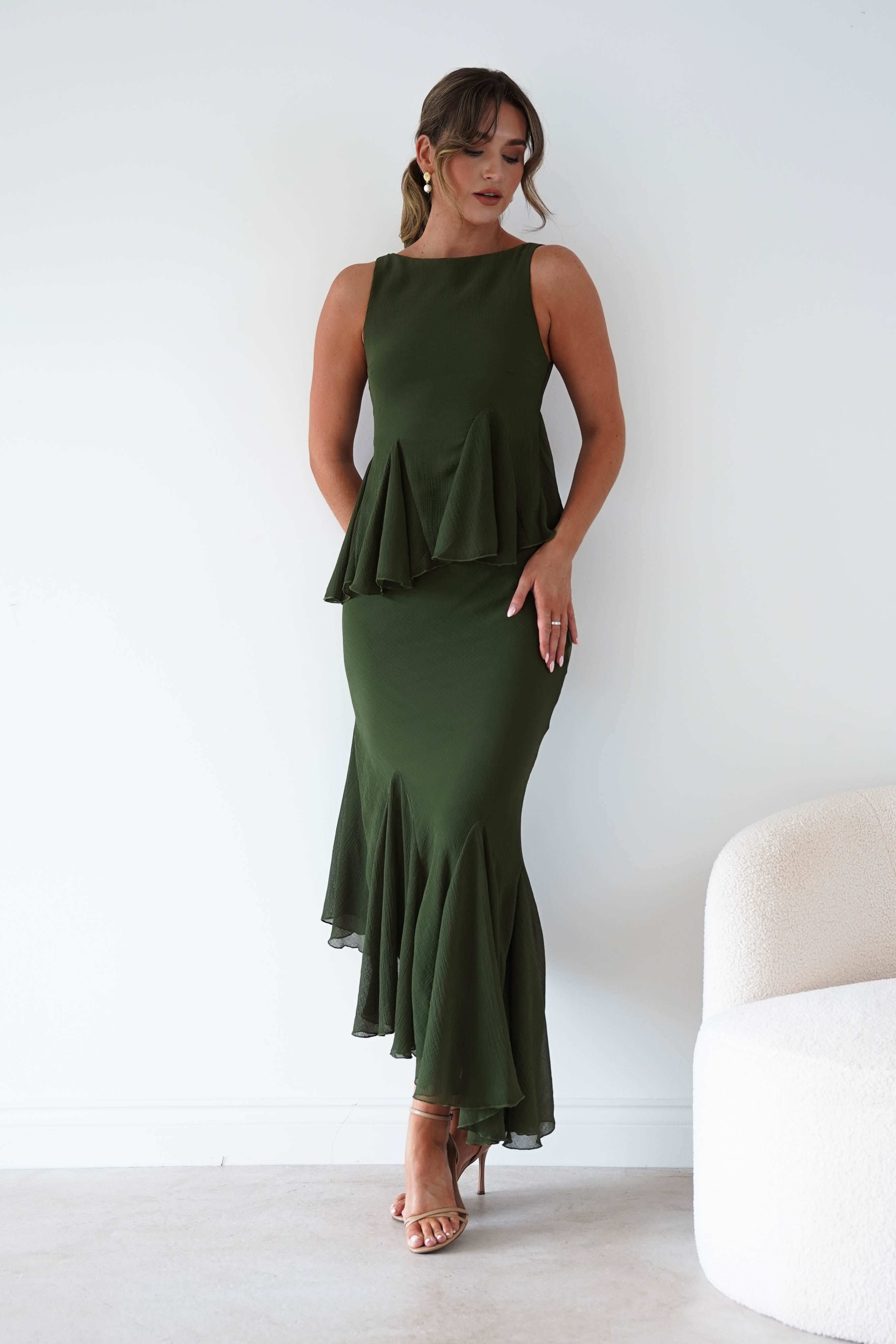 Oh Hello Clothing Women > Clothing > Dresses Bianca Peplum Ruffle Midi Dress | Dark Olive
