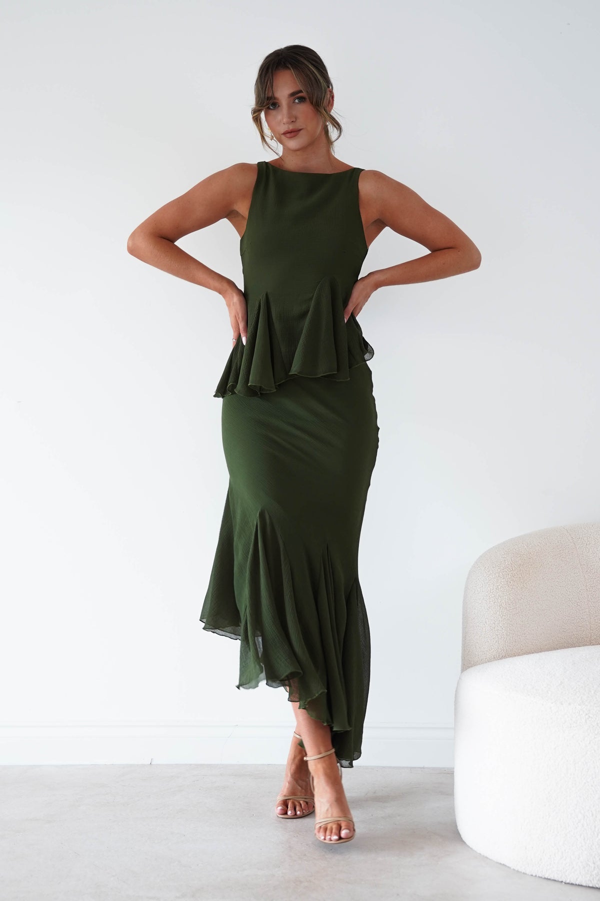 Oh Hello Clothing Women > Clothing > Dresses Bianca Peplum Ruffle Midi Dress | Dark Olive