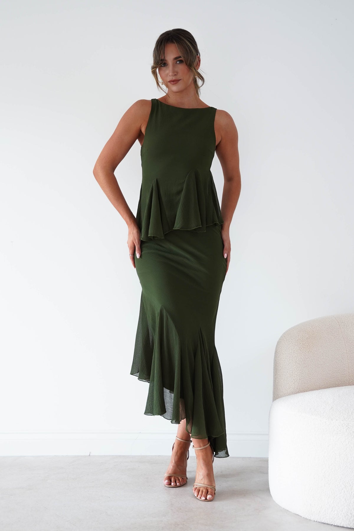 Oh Hello Clothing Women > Clothing > Dresses Bianca Peplum Ruffle Midi Dress | Dark Olive