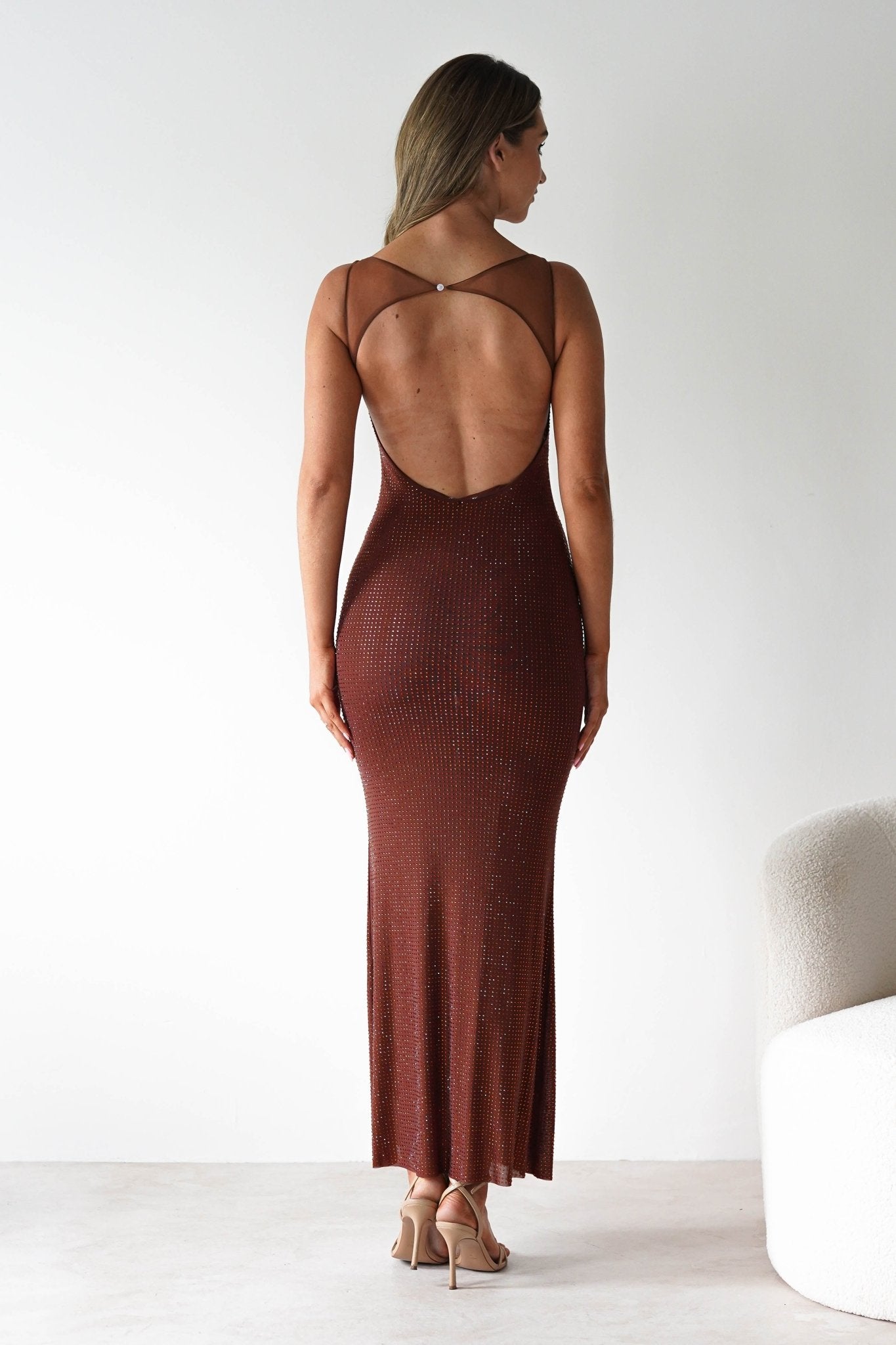Billini Bodycon Backless Maxi Dress Brown | Wedding Guest Dress | Backless