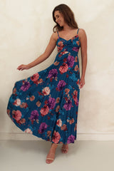 Bonnie Pleated Floral Maxi | Teal Print