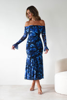 Bryanna Long Sleeve Mesh Maxi Dress Blue Floral | Wedding Guest Dress | Long Sleeve | Maxi | Oh Hello Clothing