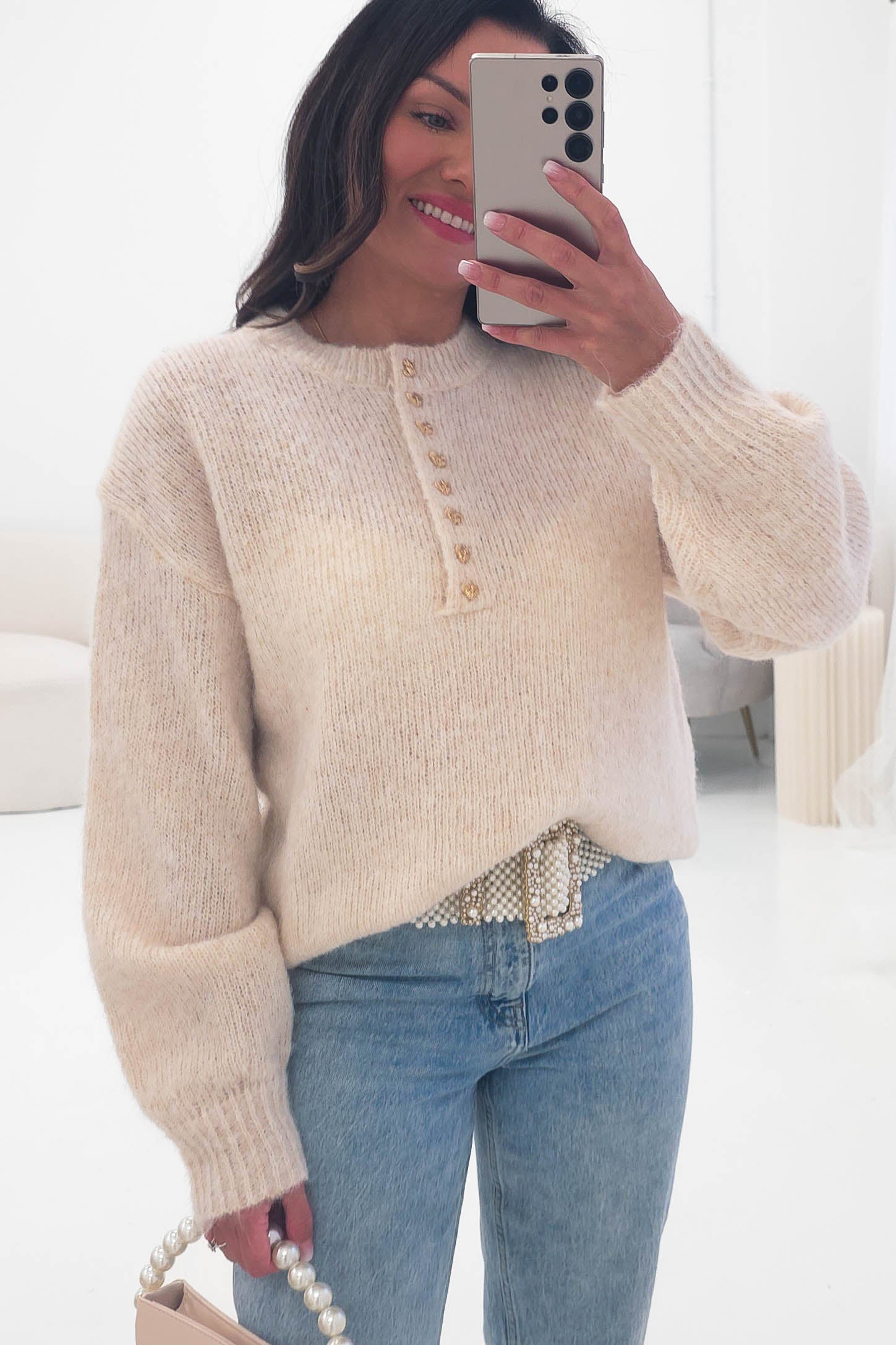 Oh Hello Clothing Women > Clothing > Knitwear ONE SIZE (6/12) Calix Button Detail Knit Jumper | Beige