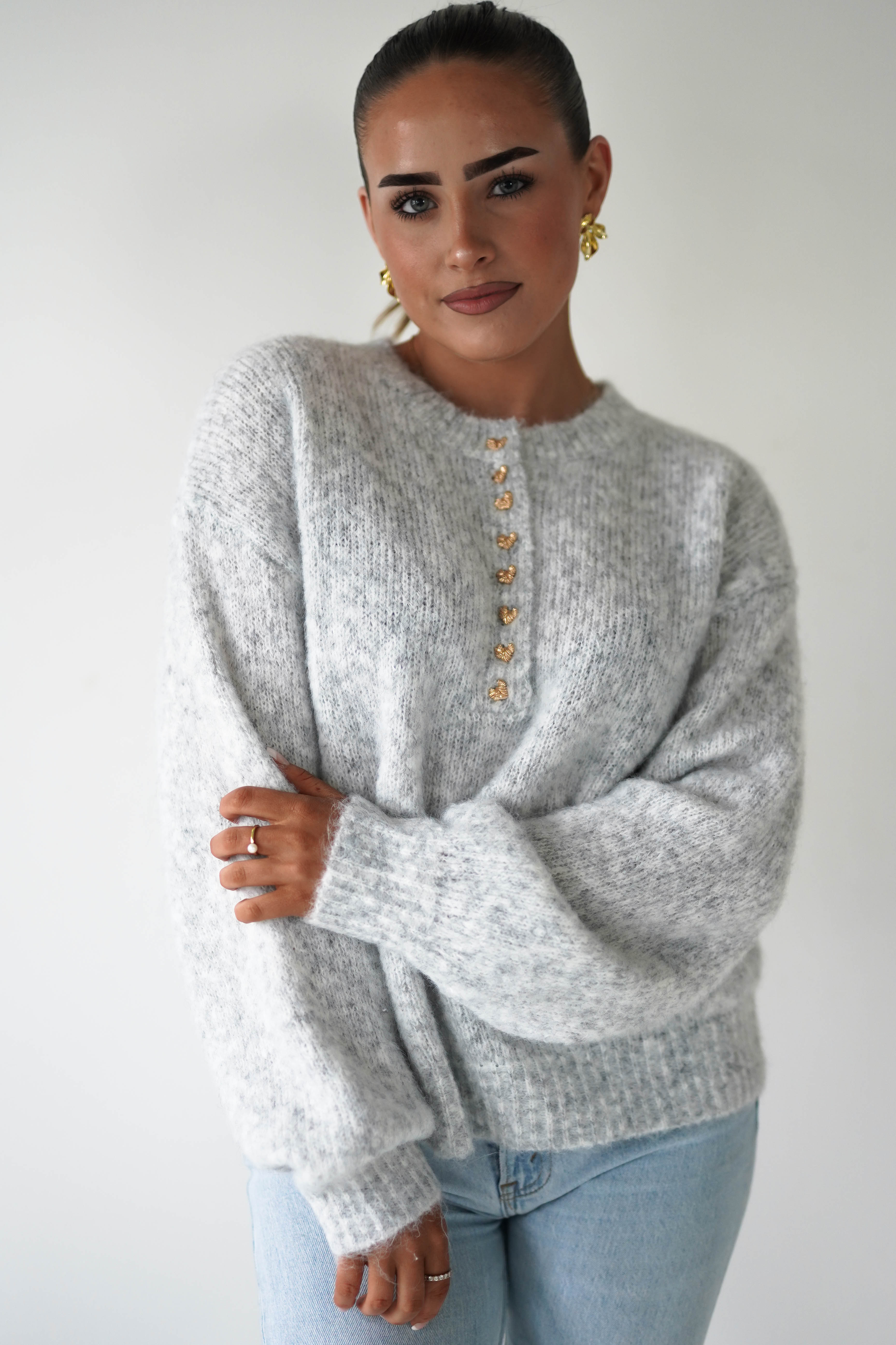 Oh Hello Clothing Women > Clothing > Knitwear ONE SIZE (6/12) Calix Button Detail Knit Jumper | Grey
