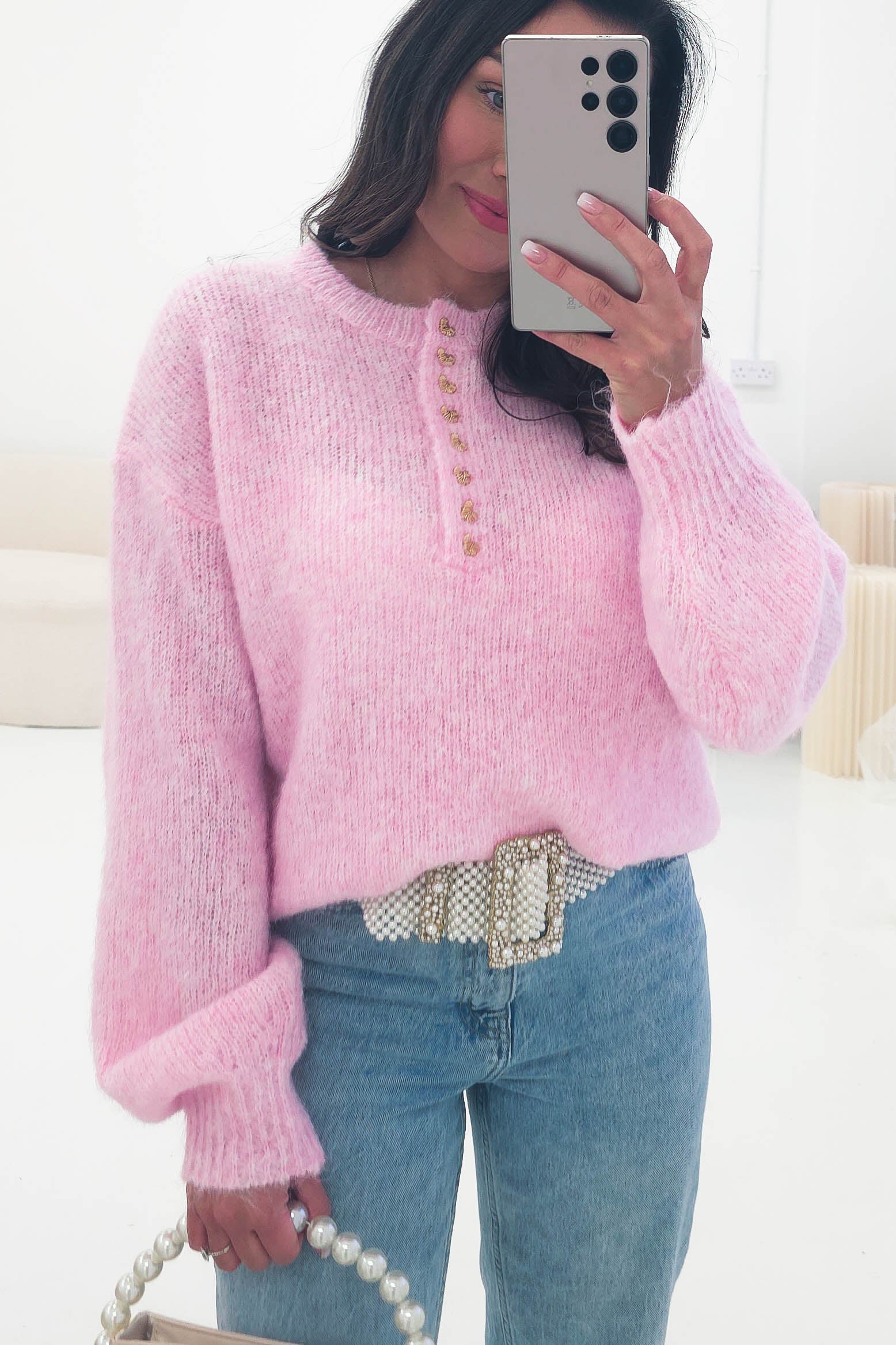 Oh Hello Clothing Women > Clothing > Knitwear ONE SIZE (6/12) Calix Button Detail Knit Jumper | Pink