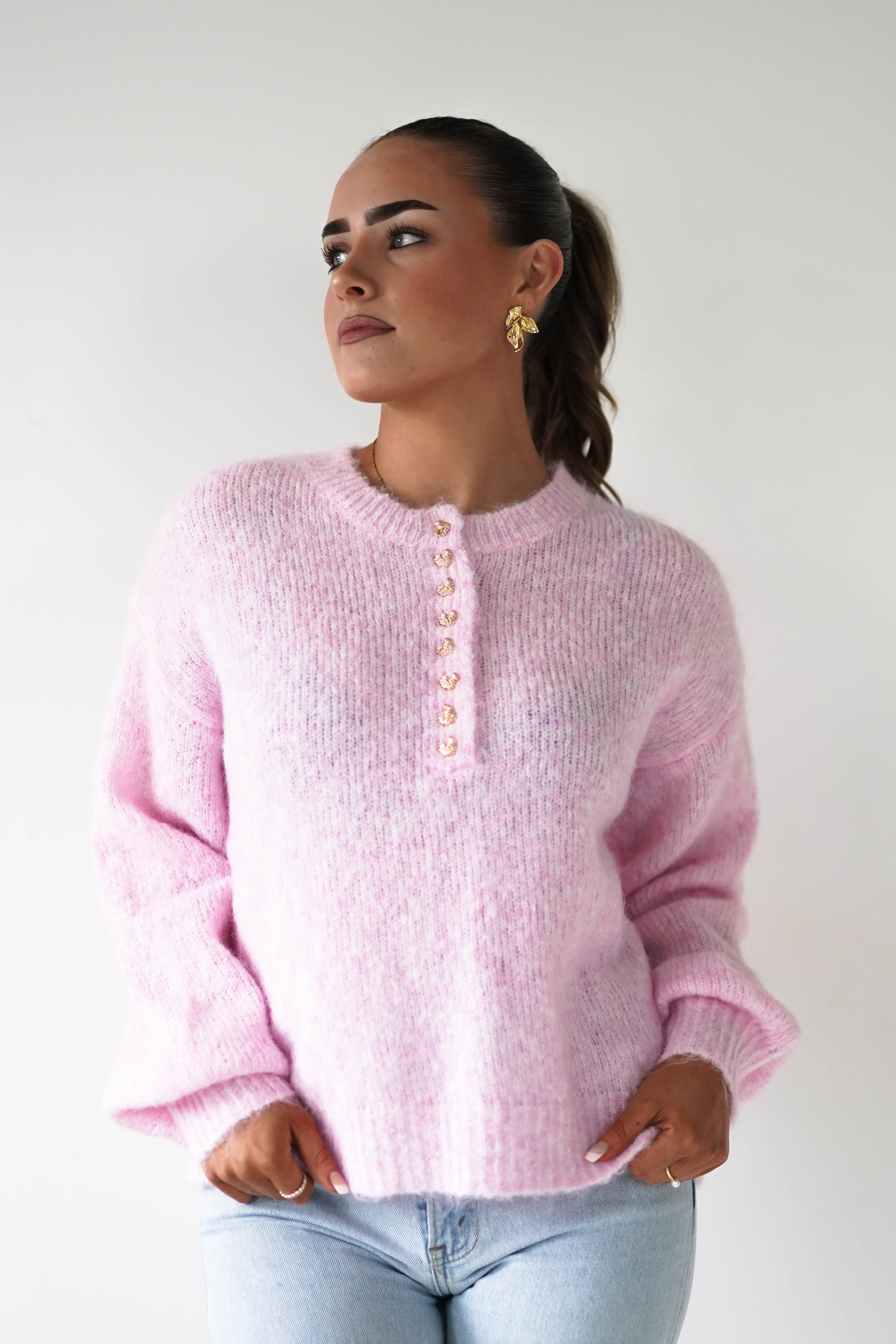 Oh Hello Clothing Women > Clothing > Knitwear ONE SIZE (6/12) Calix Button Detail Knit Jumper | Pink
