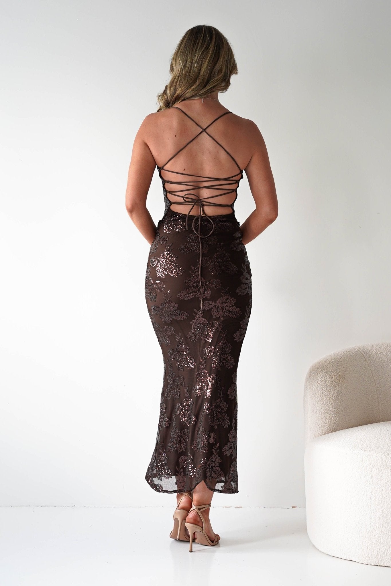 Calle Bodycon Sequin Maxi Dress | Brown | Oh Hello Clothing | S/M - 8 - 10