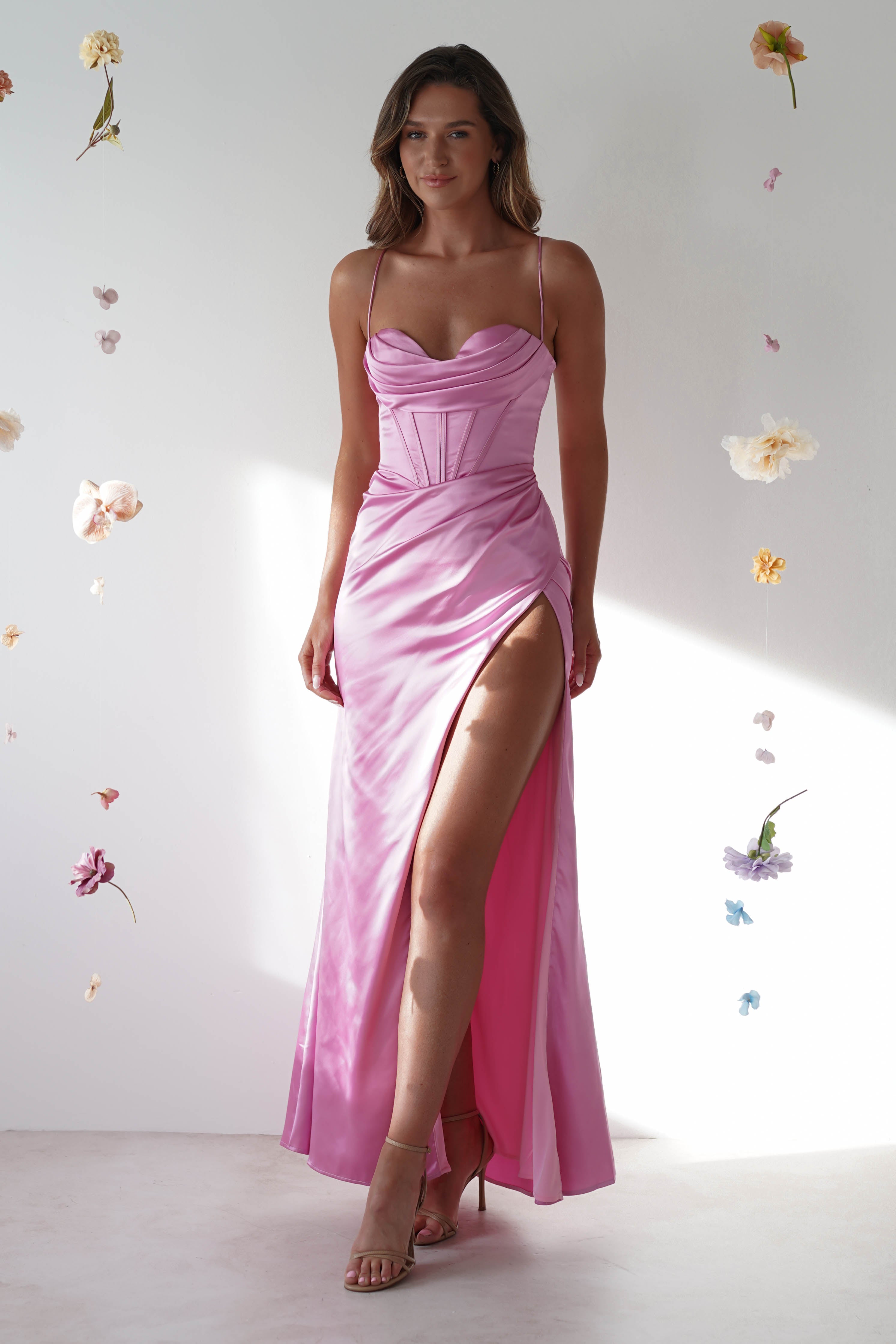 Cally High Slit Corset Gown | Bright Pink