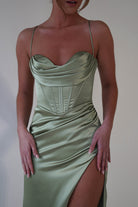 Julianne Corset Satin Gown | Sage | Debs & Prom | Formal Gown | Oh Hello Clothing