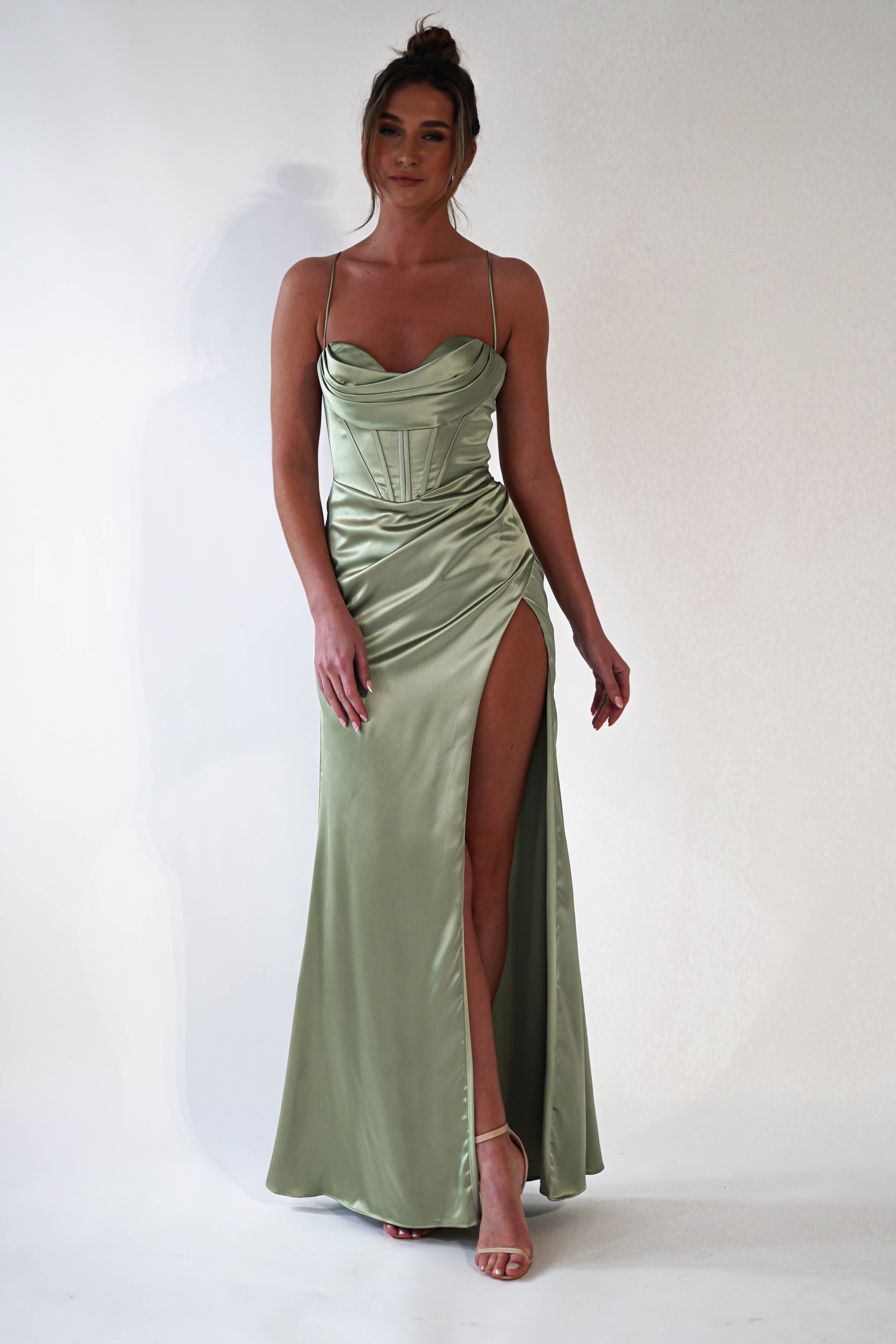 Cally High Slit Corset Gown | Sage
